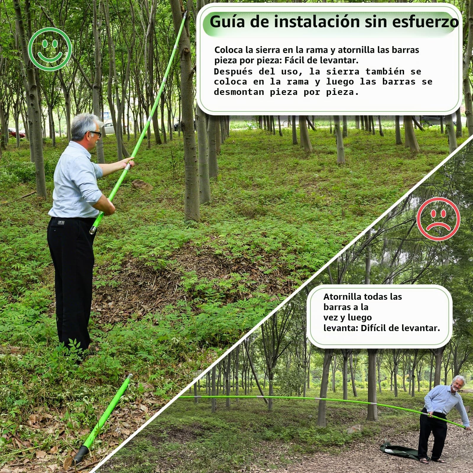Sierra de podar manual, mango de 8 m, longitud ajustable. Herramientas, pértiga telescópica para poda de palmeras, largo alcance, bolsa de transporte. Corta limpio y rápido ramas altas, con tijera A