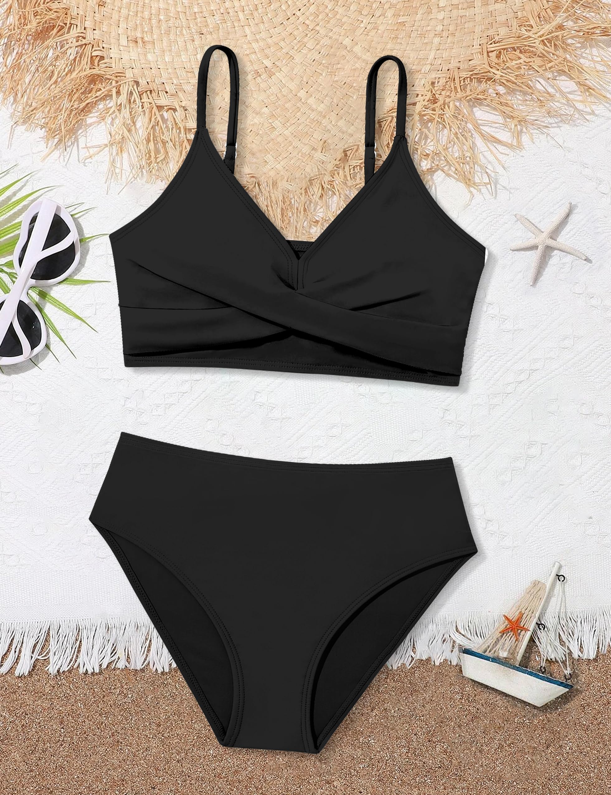 WIQI Conjunto de bikini de 2 piezas para niñas, con bloques de color, entrecruzado, talla 9-16