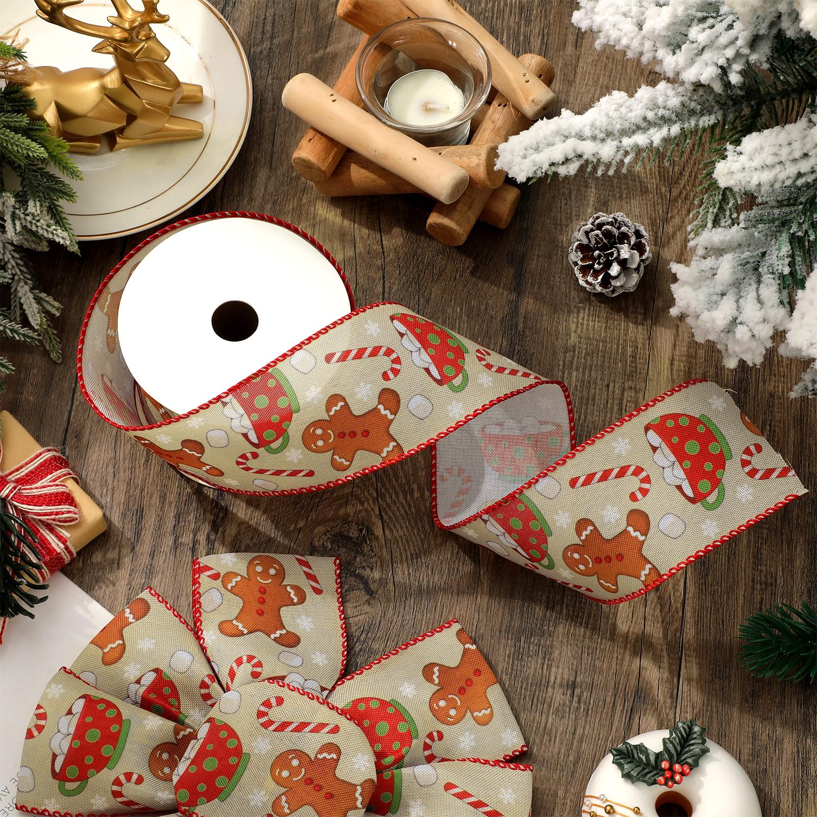 JarThenaAMCS Cinta de Navidad con borde de alambre para manualidades, cinta de tela de invierno para corona, lazo, envoltura de fiesta, 12 yardas