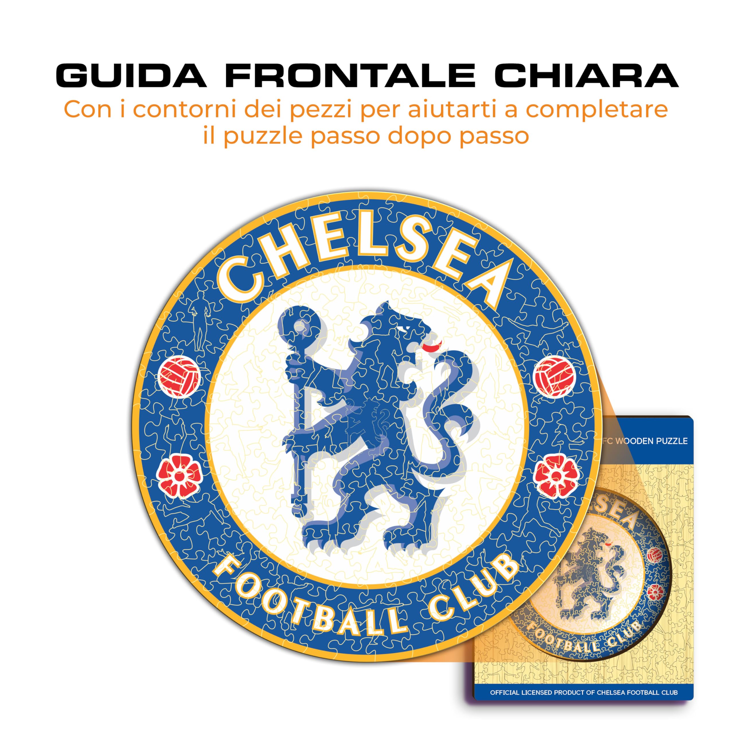 Iconic Puzzles, Chelsea Logo, Prodotto ufficiale, Puzzle di Legno per Adulti e Bambini, Legno 100% Sostenibile, Taglia S 150 Pezzi