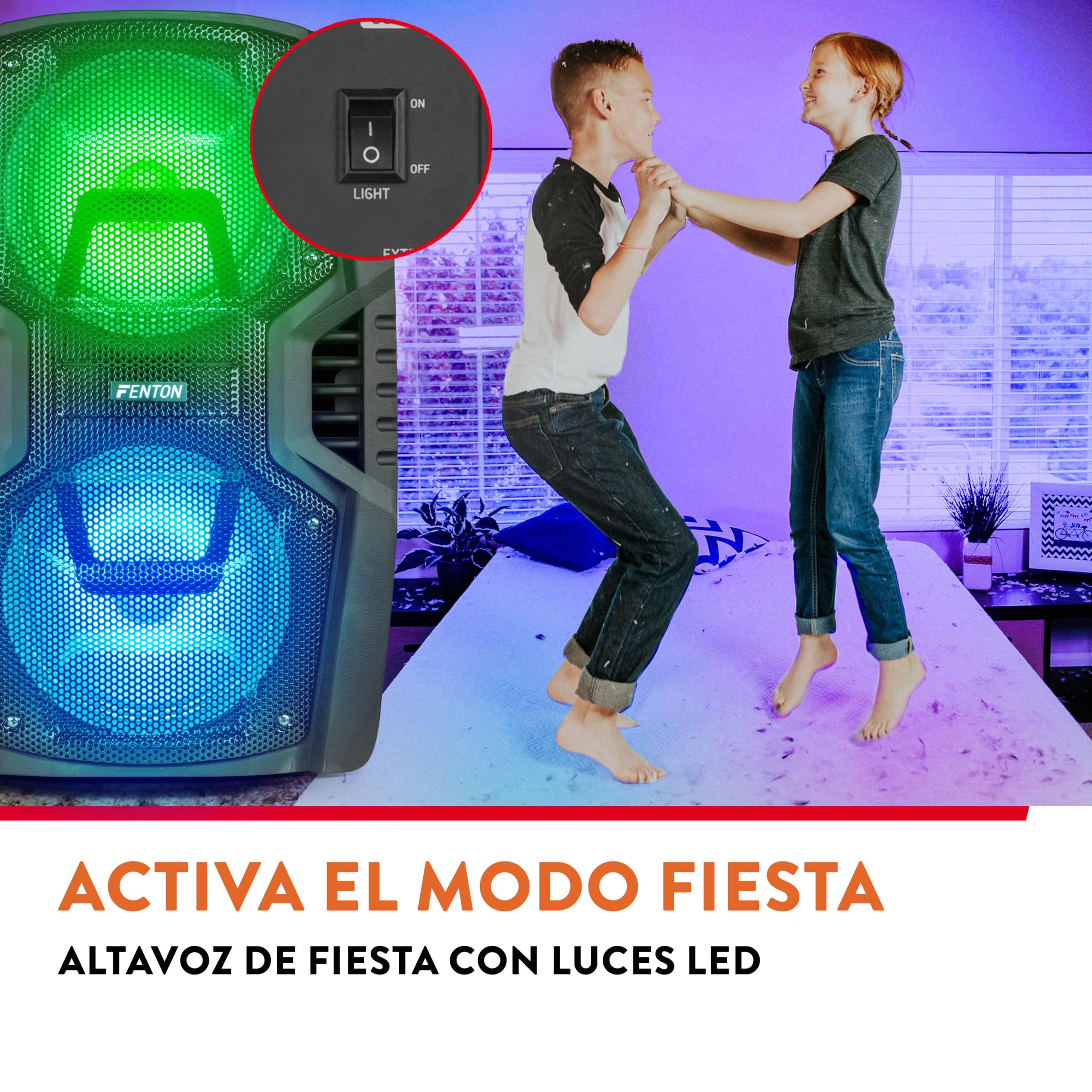 Fenton FT208LED – Altavoz Bluetooth Grande Potente 500W con microfono, Doble woofer 8", Altavoz portátil Bluetooth Potente con USB, Karaoke y batería Recargable Color Negro