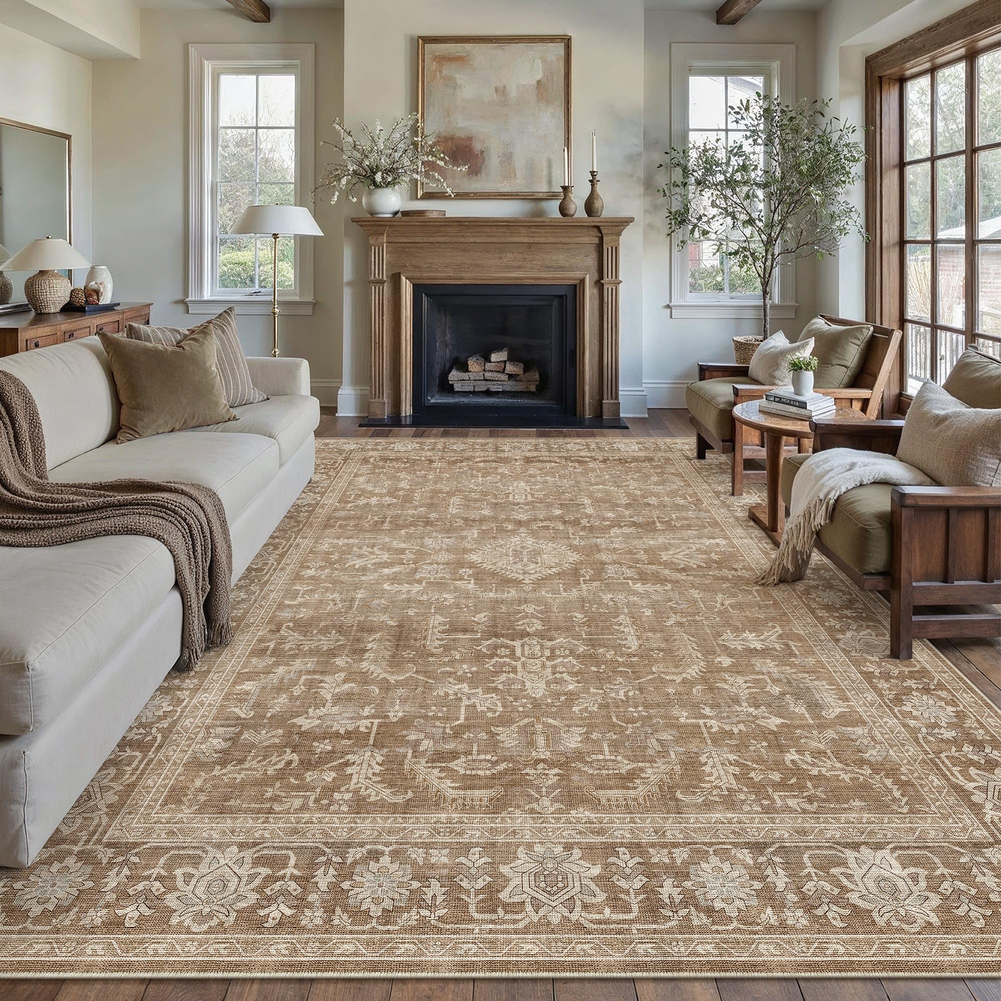 Photo 1 of ***FINAL SALE NO RETURN ***DAMAGE, SIMILAR *** PureCozy 8x10 Brown Area Rug Vintage Washable Living Room Boho Carpet Non Slip Bedroom Indoor Office Low Pile Large Traditional Distressed Retro Accent Rug for Dining Room Bathroom Office Kitchen Dorm