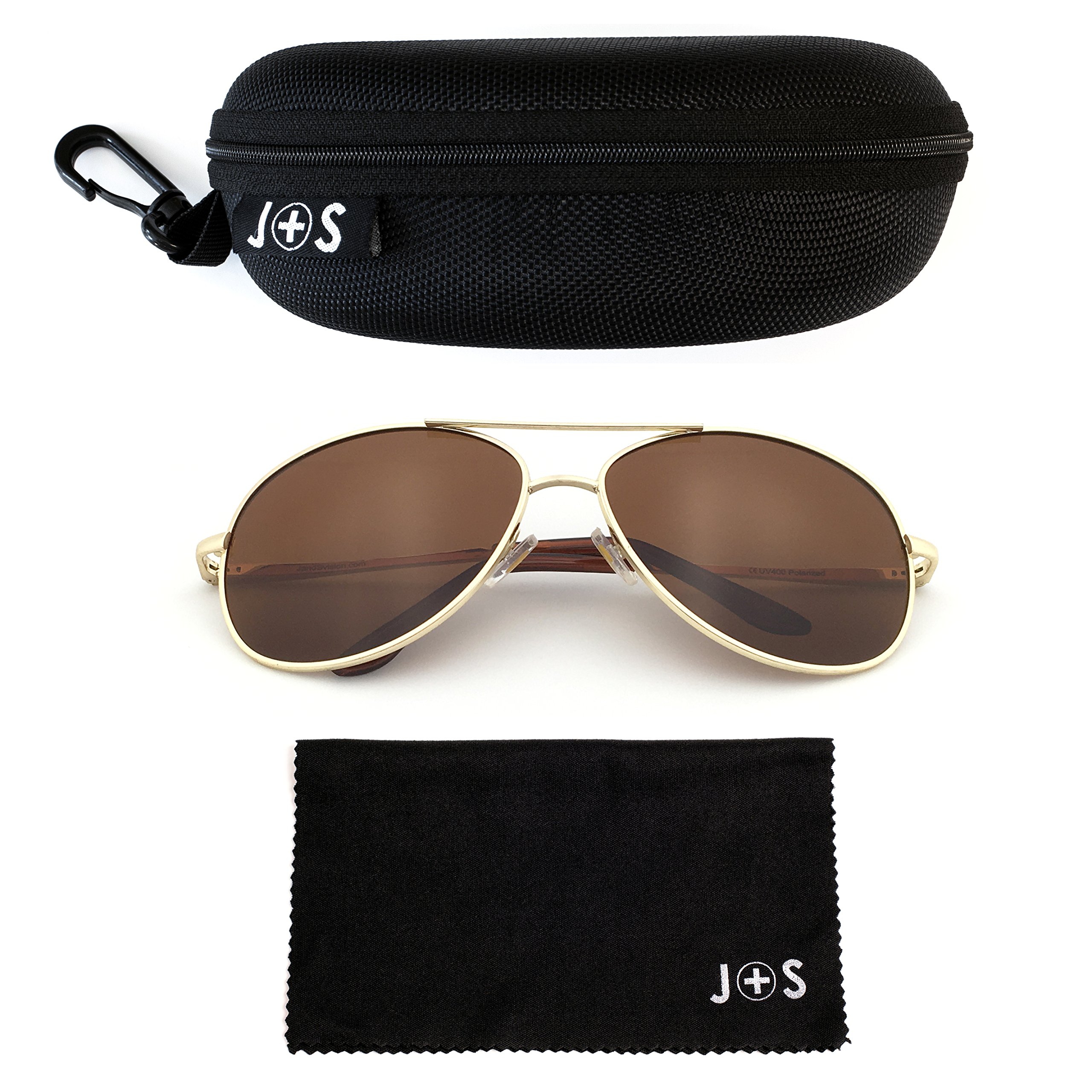 J+S Premium Military Style Classic Aviator Sunglasses, Polarized, 100% UV protection (Large Frame - Gold frame/Brown Lens)