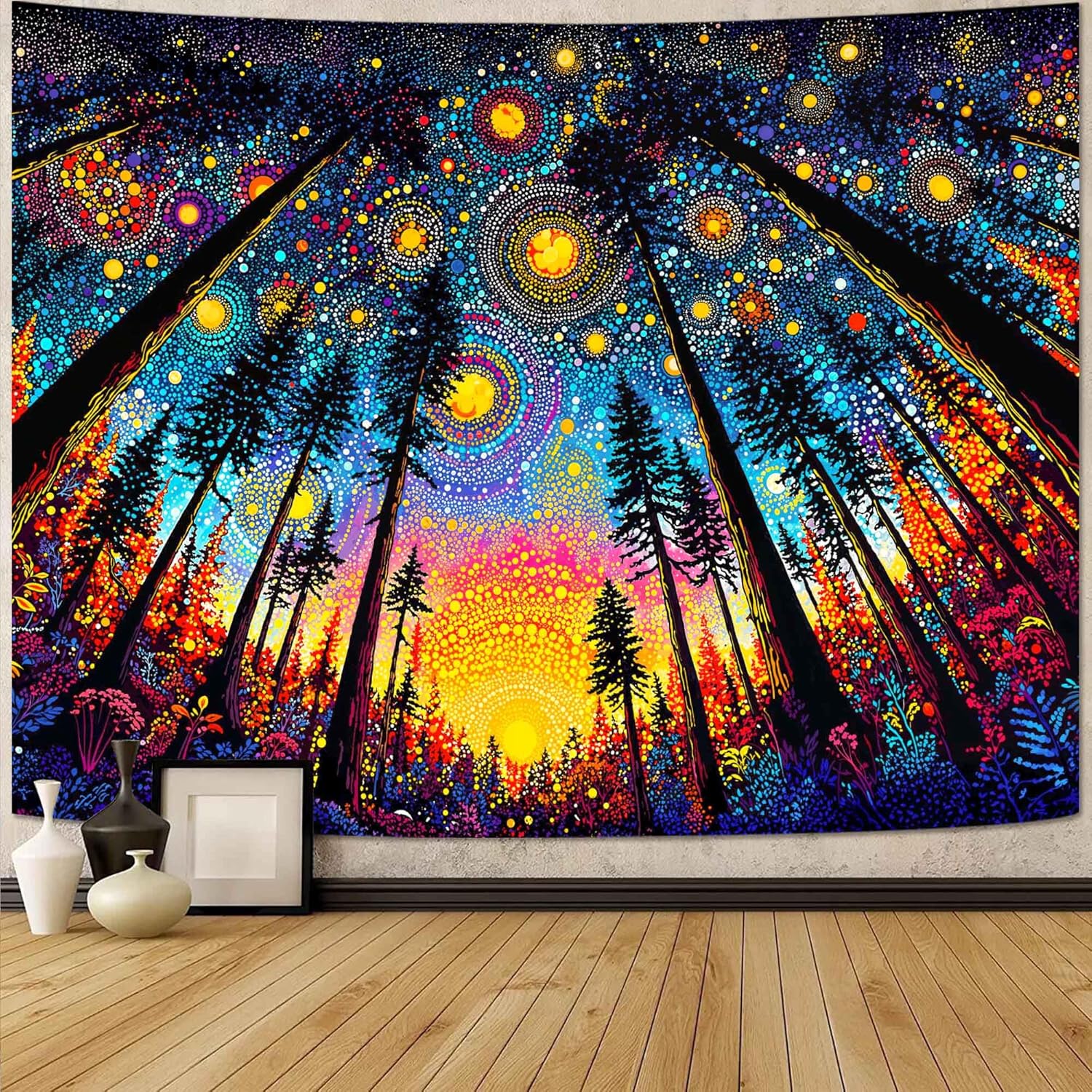 Spenlife Upward Forest Starry Sky Wall Tapestry, Trippy Night Tree Tapestries for Bedroom Decor, Scenic Tapestry 90x70 Inch