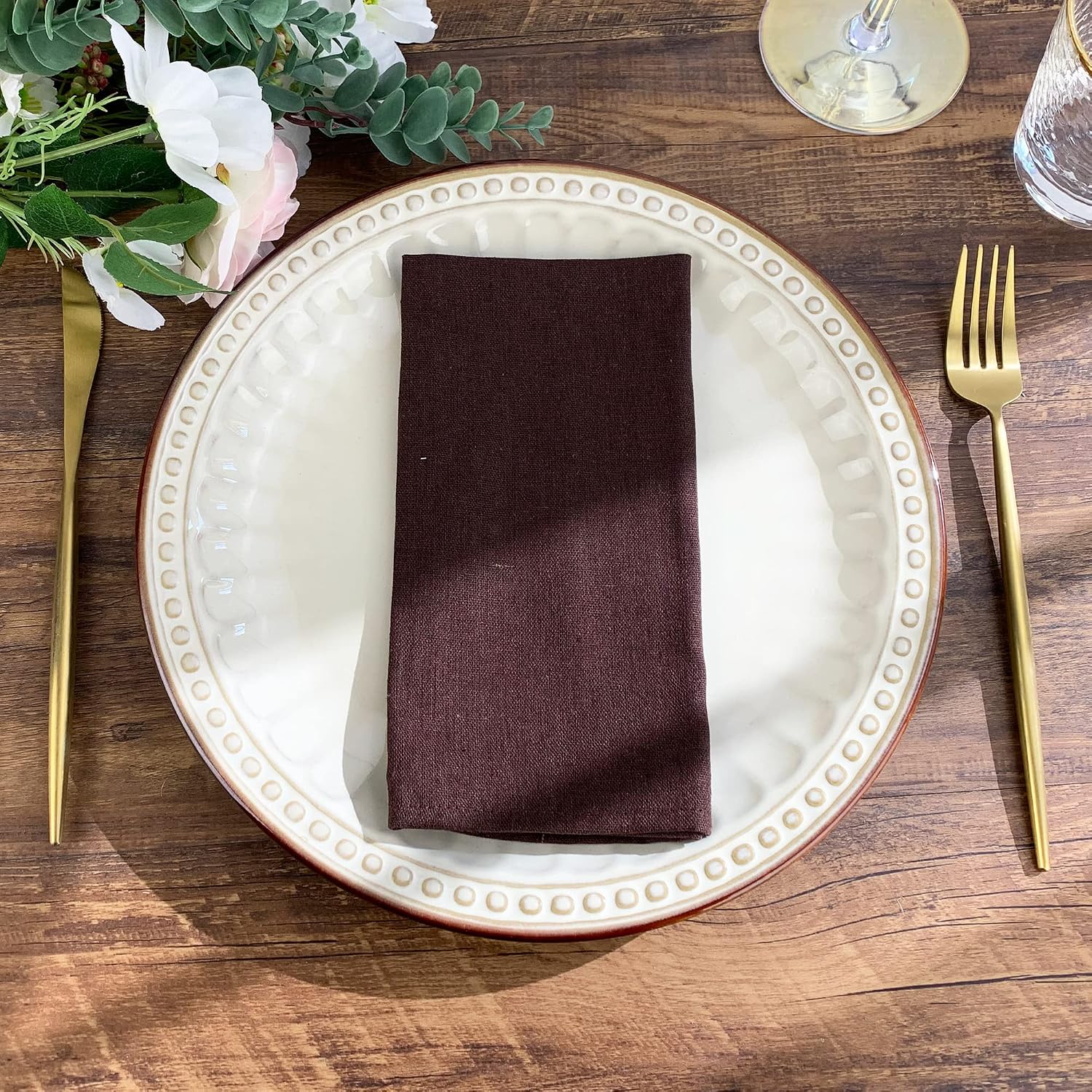 Solid Color Linen Blended Thin Dinner Cloth Napkins - Set of 12 (40 x 40 cm) - for Events & Home Use (Brown) image 2