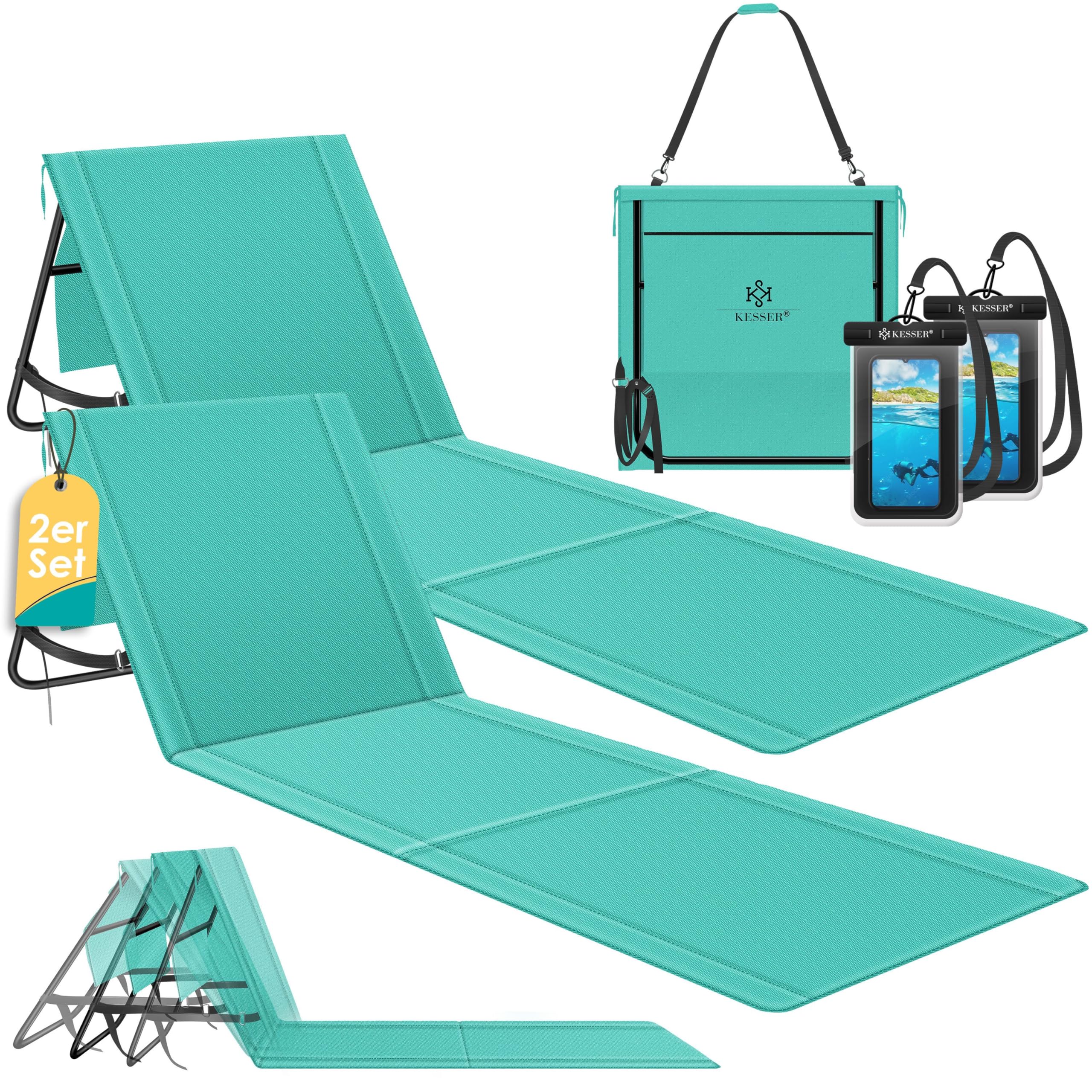 KESSER® 2er Set Strandmatte klappbar mit Verstellbarer Rückenlehne, Tragegurt, wasserdichter Tasche & Aufbewahrung – Faltbare Sonnenliege für Strand, Garten & Terrasse je 130 kg belastbar