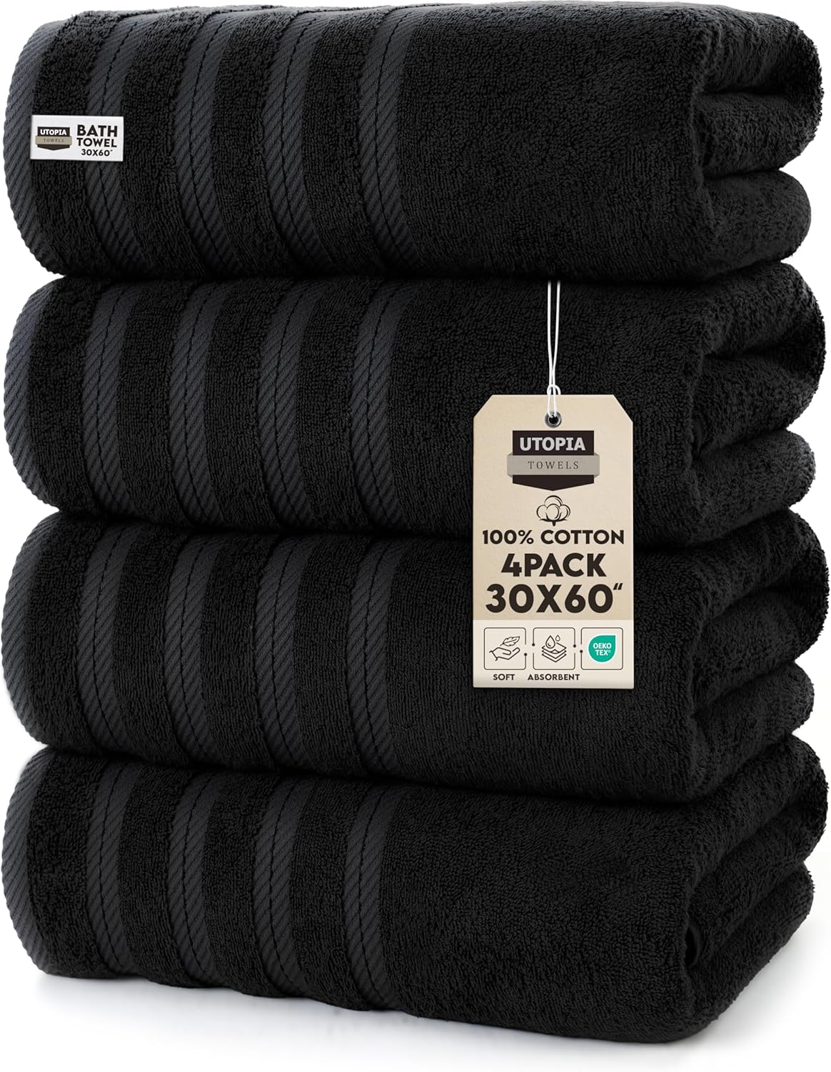 Utopia Towels 4 Pack Premium Bath Towels Set, (76 x 152 CM) 100% Ring Spun Cotton, Lightweight and Highly Absorbent Quick Drying Towels, Perfect for Daily Use (Black)