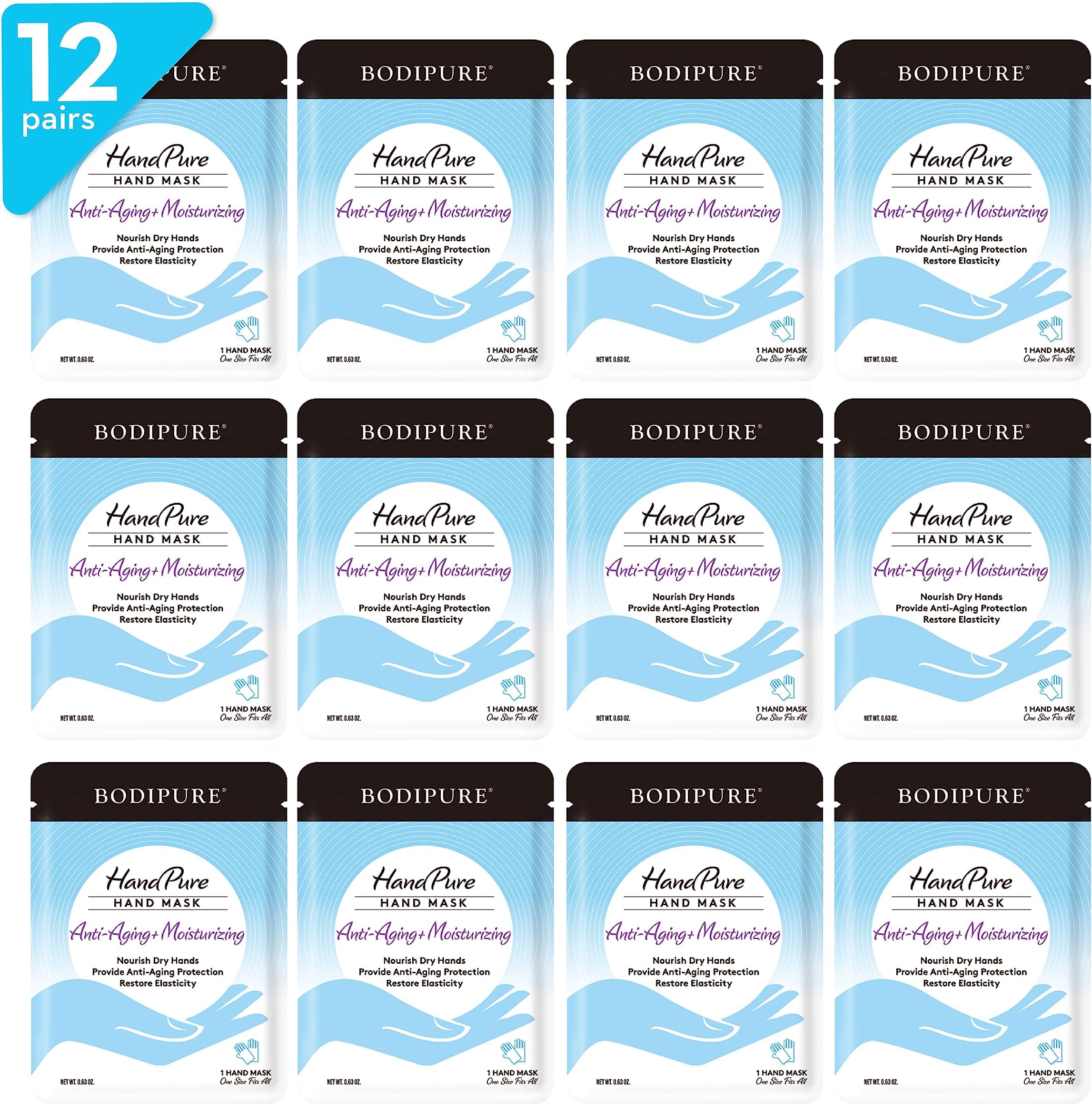 Bodipure HandPure Hand Repair & Anti-Aging Hand Mask – 20-Minute Moisturizing Gloves for Dry, Cracked Hands, Softens Cuticles, Paraben-Free, With Natural Botanical Ingredients (12 Packs)