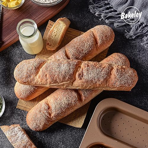 Vista 12 de Sartén para baguette perforada, 14.5 pulgadas, 2 panes ondulados, antiadherentes, ultraventilados, canal de 2 pulgadas para hornear en horno, 14.75