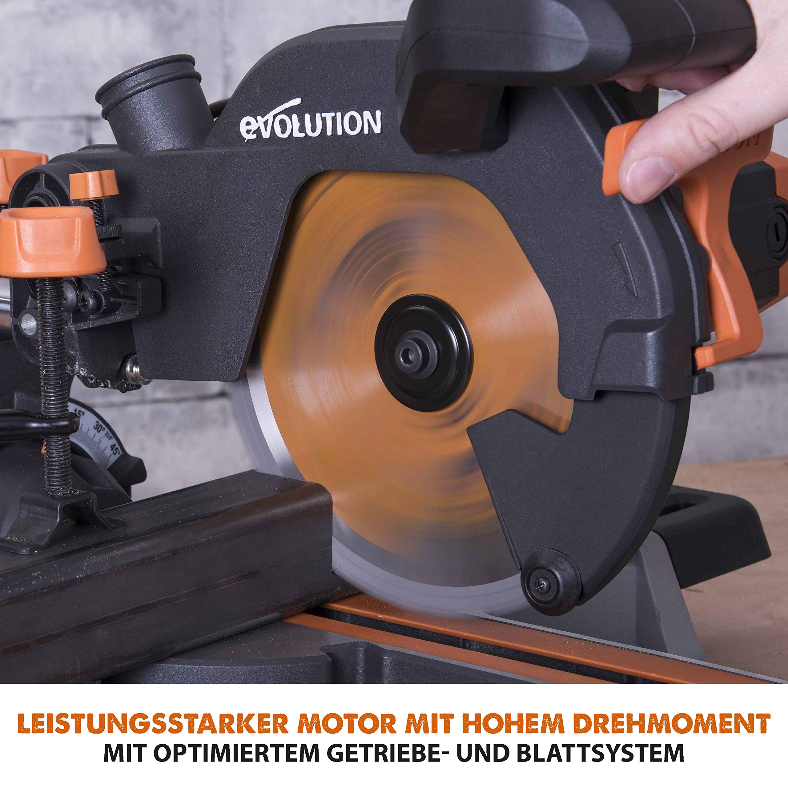 Evolution Schiebe-Kapp- und Gehrungssäge R210SMS+ | 1500 W, 230 mm Gleitfunktionalität, Schrägschnitt, Gehrungswinkeln | Ø 210 mm HM / TCT Sägeblatt für Multimaterialschnitt | Zug-kapp-gehrungssäge