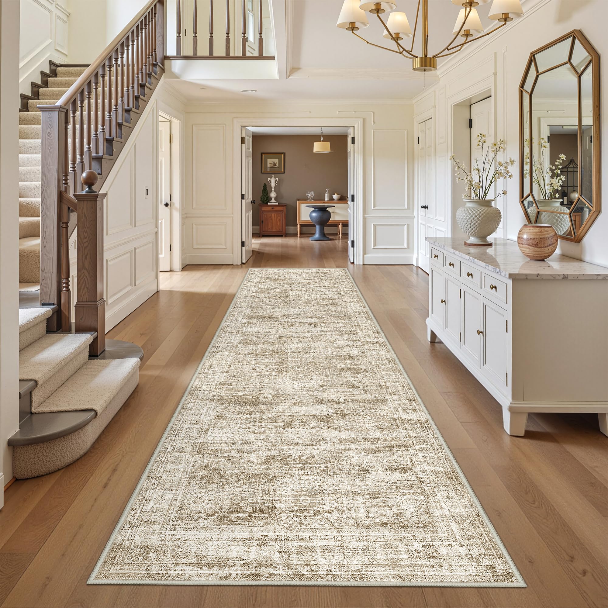 Restydon 3x12 Runner Rug for Hallway, Non-Slip Long Bathroom Rugs Runner for Kitchen, Bedroom, Soft Vintage Abstract Washable Rug for Entryway, Thin Floor Mat for Dining Room(3'x12', Brown/Ivory)