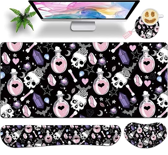 JYCUHTCL Large Gaming Mouse Pad Set 35.4 x 15.7 with Keyboard Wrist Rest, Wrist Support, and Coaster Memory Foam Smooth Desk Pad Mousepad for Home Office School - Skull Goth Magic Cute Witchy - Extended Mouse Pad Set of 4 - Skull Goth Magic Cute Witchy
