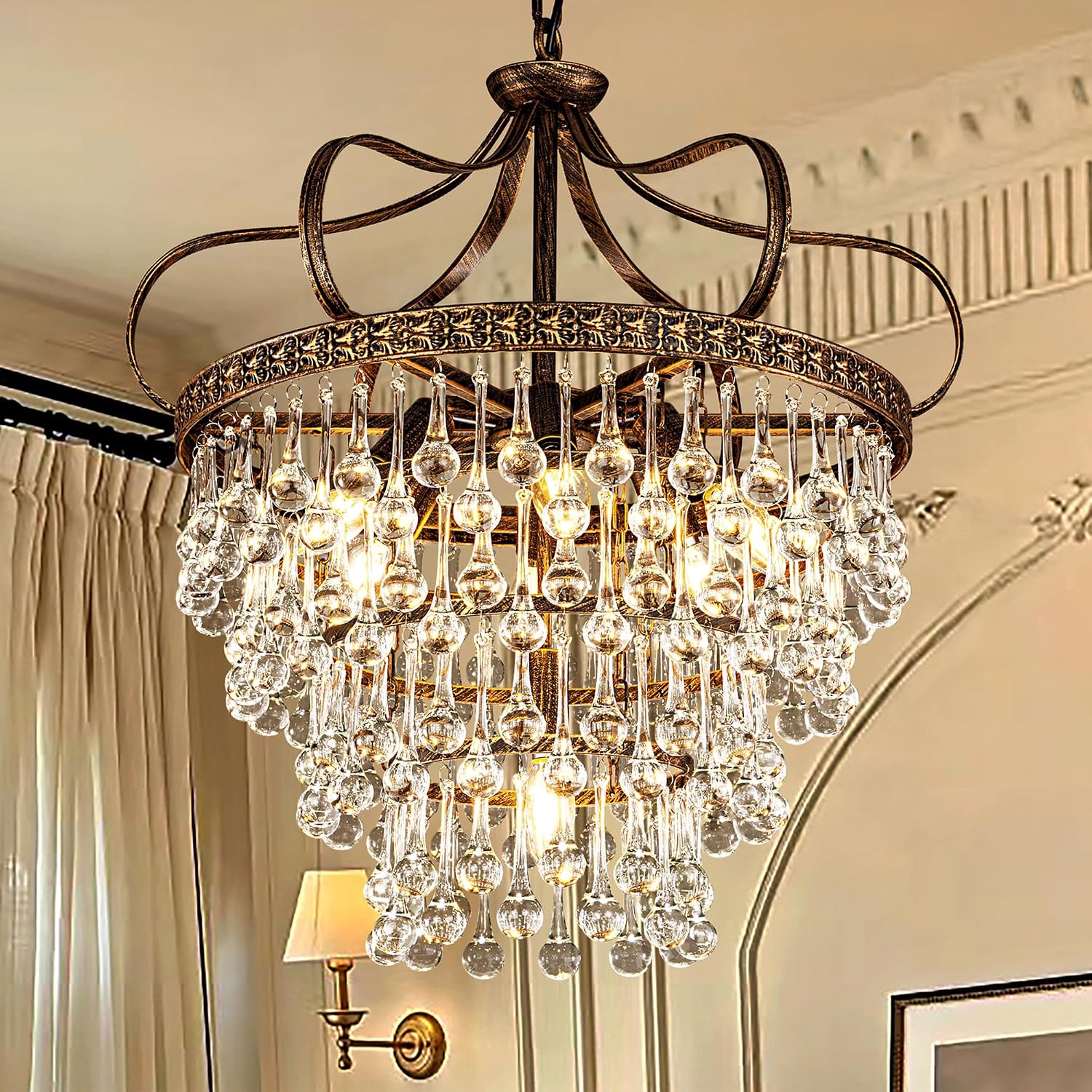 TOCHIC French Empire Crystal Chandelier, Farmhouse Pendant Chandeliers Lighting Vintage Antique Bronze Hanging Ceiling Light Fixture for Dining Room Kitchen Island Living Room Chandelier, 4 Tiers