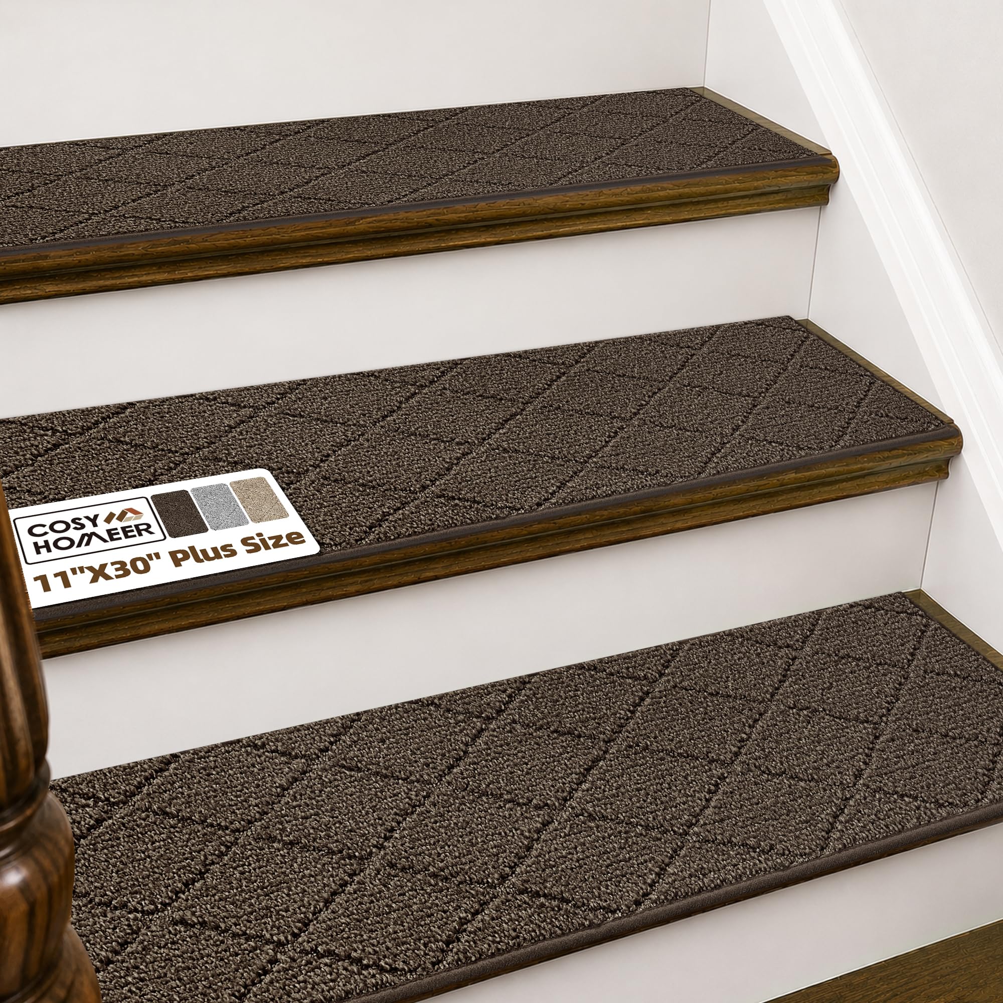 COSY HOMEER Stair Treads for Wooden Steps Indoor Non Slip 11"x30",4pcs | Washable Peel&amp;Stick Carpet Stair Treads,Soft Polyester Stairs Carpet,Reusable Adhesive Stair Runner for Kid,Elder,Pet,Brown