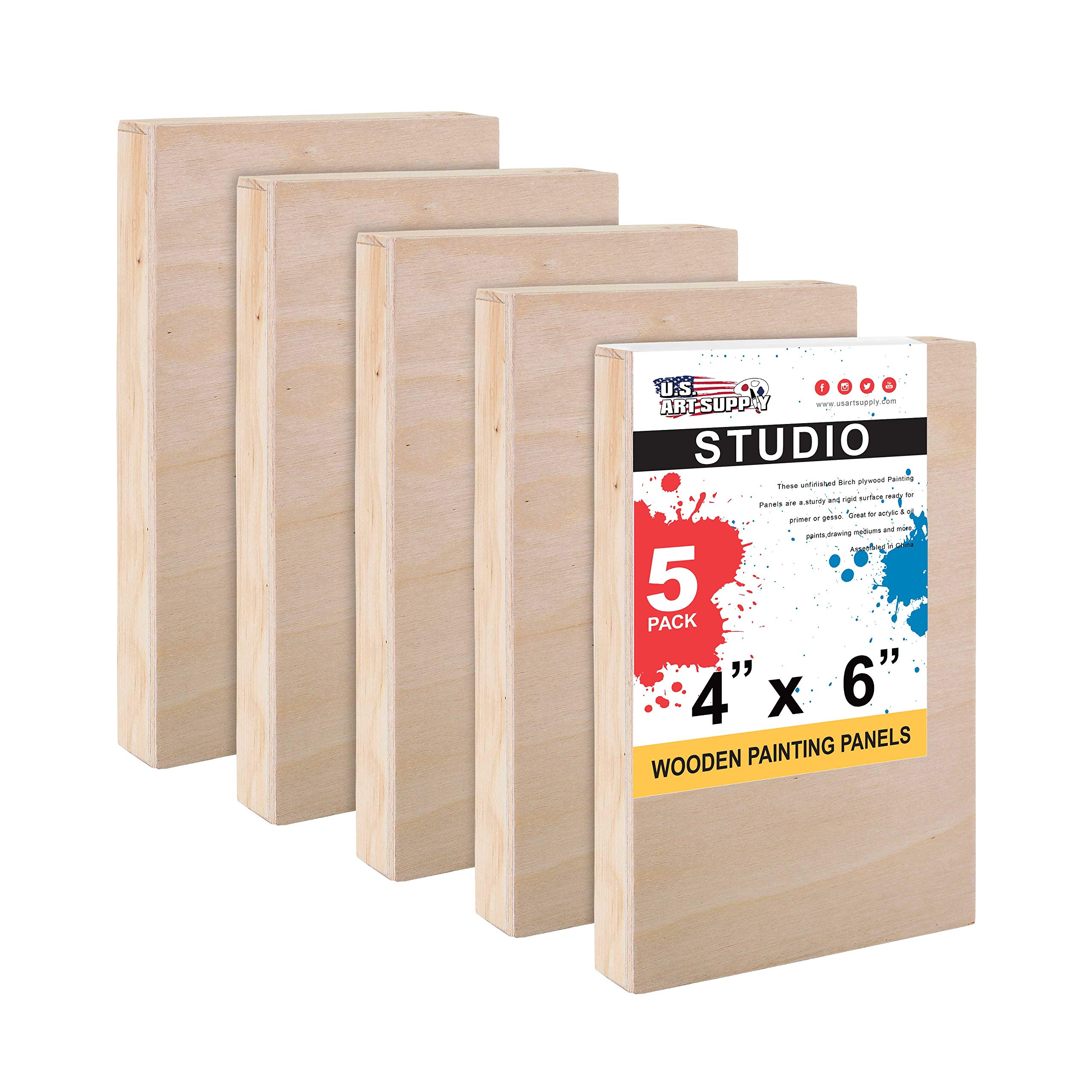U.S. Art Supply Unfinished Cradled Wood Panels for Painting, 5 Pack of 4x6 inch - Studio Birch Wooden Canvas Boards 3/4" Deep - Mixed-Media Craft, Acrylic, Oil, Encaustic, Paint Pouring Panel Board