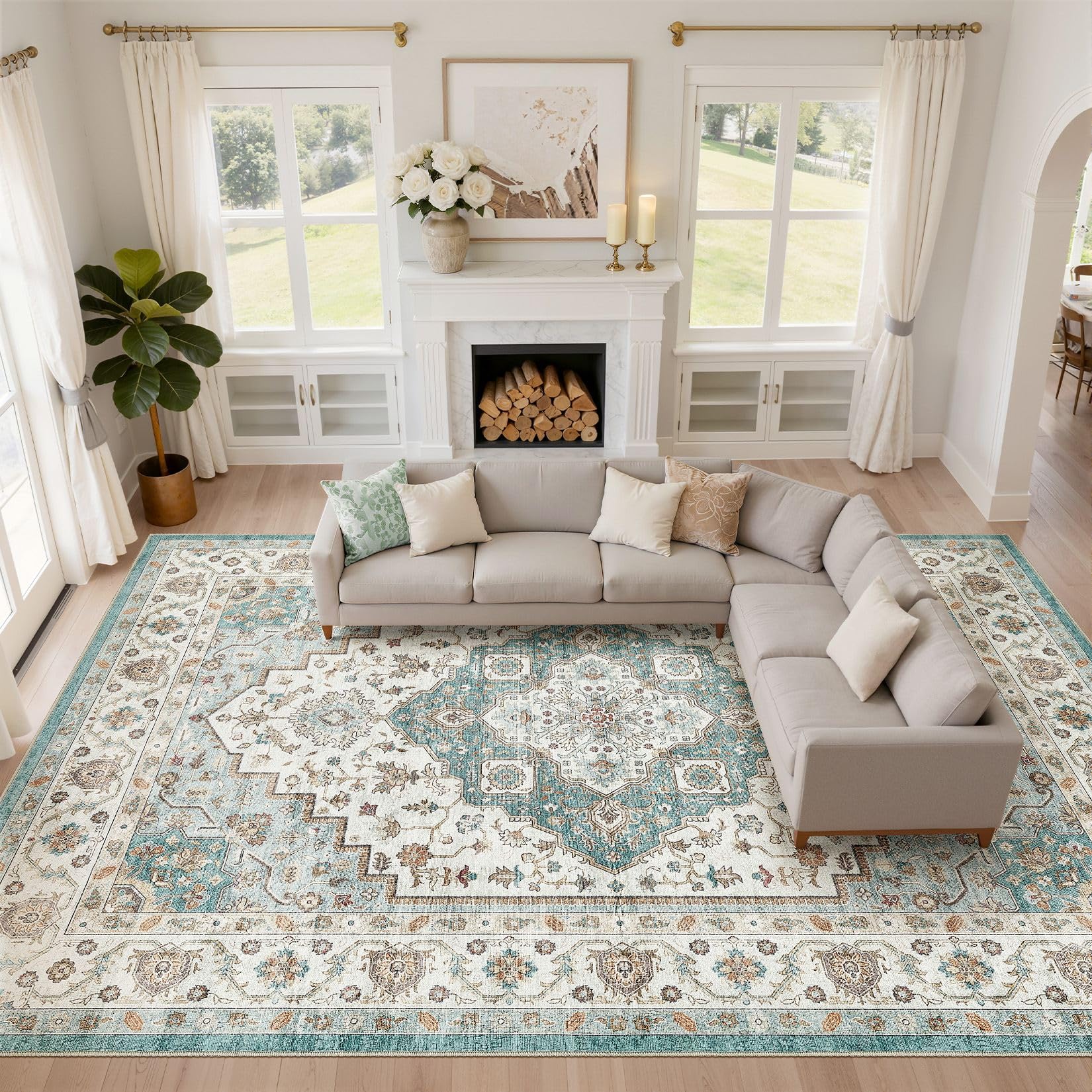 LOONGRUG 10x13 Area Rug Washable Vintage Boho Living Room Rug Teal Brown