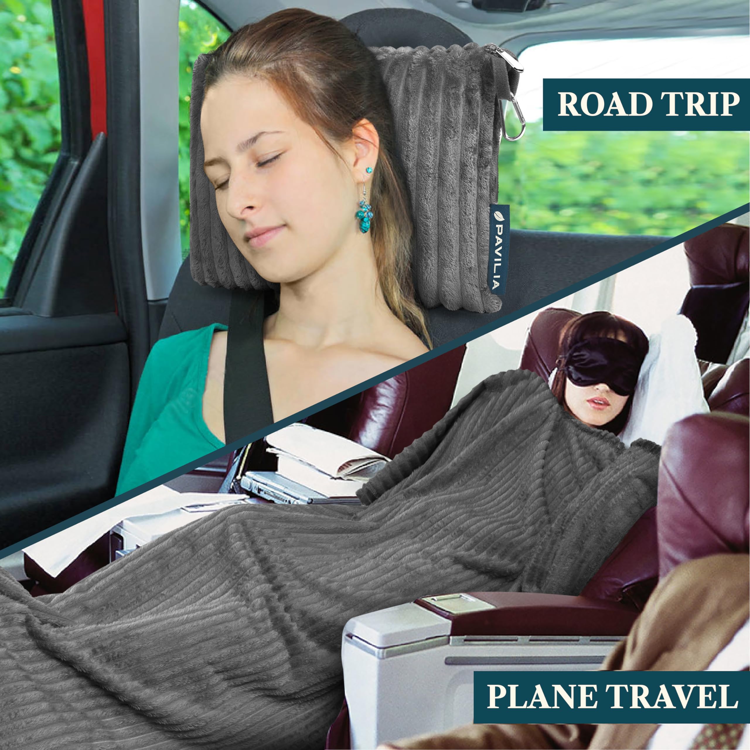 PAVILIA Coperta da viaggio, set di coperte per aeroplano in borsa morbida con tasche, coperta per aereo, compatta e pieghevole, cuscino essenziale per auto, accessori per viaggiatori, regali, cinghia