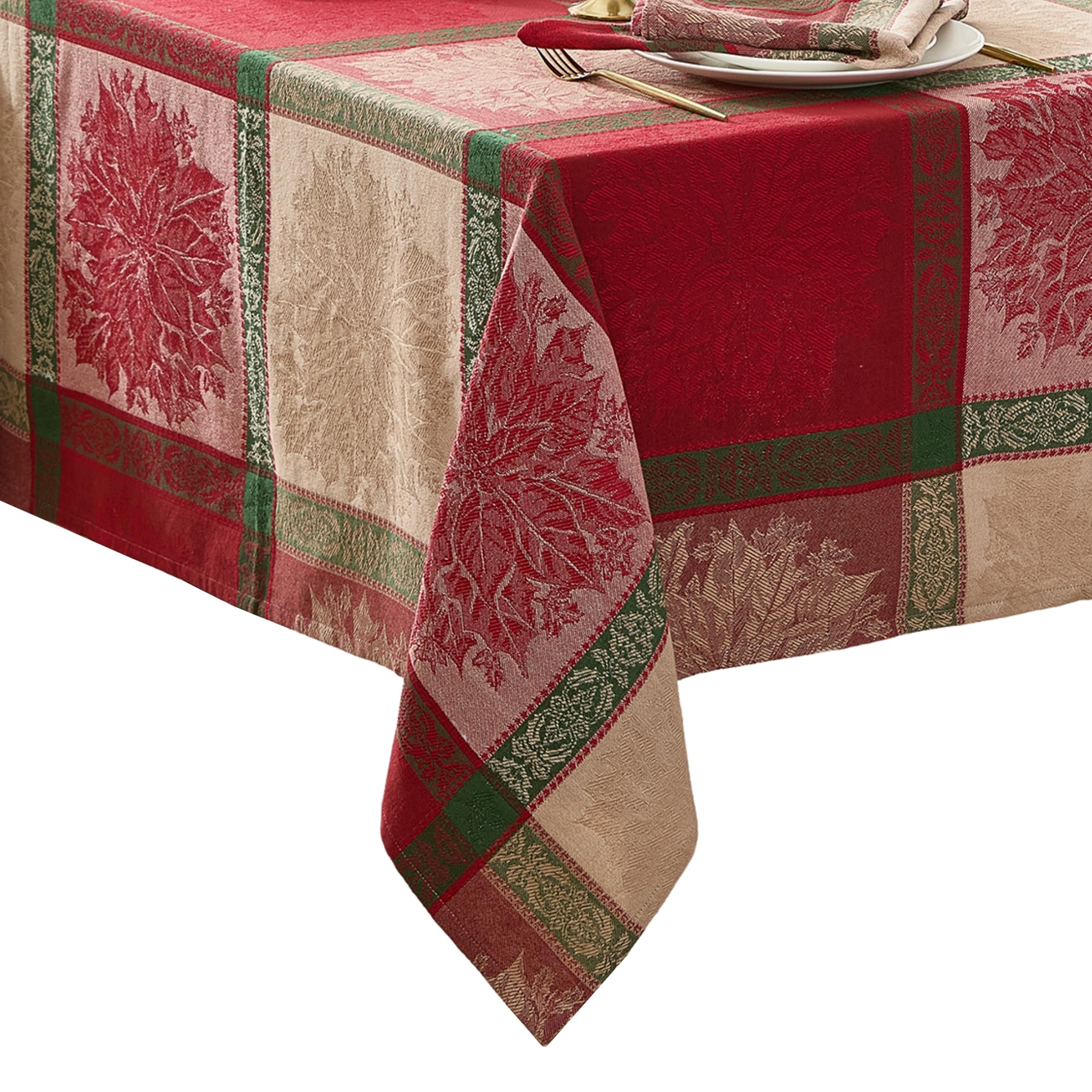 Elrene Poinsettia Home Fashions Prestige Jacquard Woven Cotton Christmas/Holiday Rectangle Tablecloth, 52"X70"