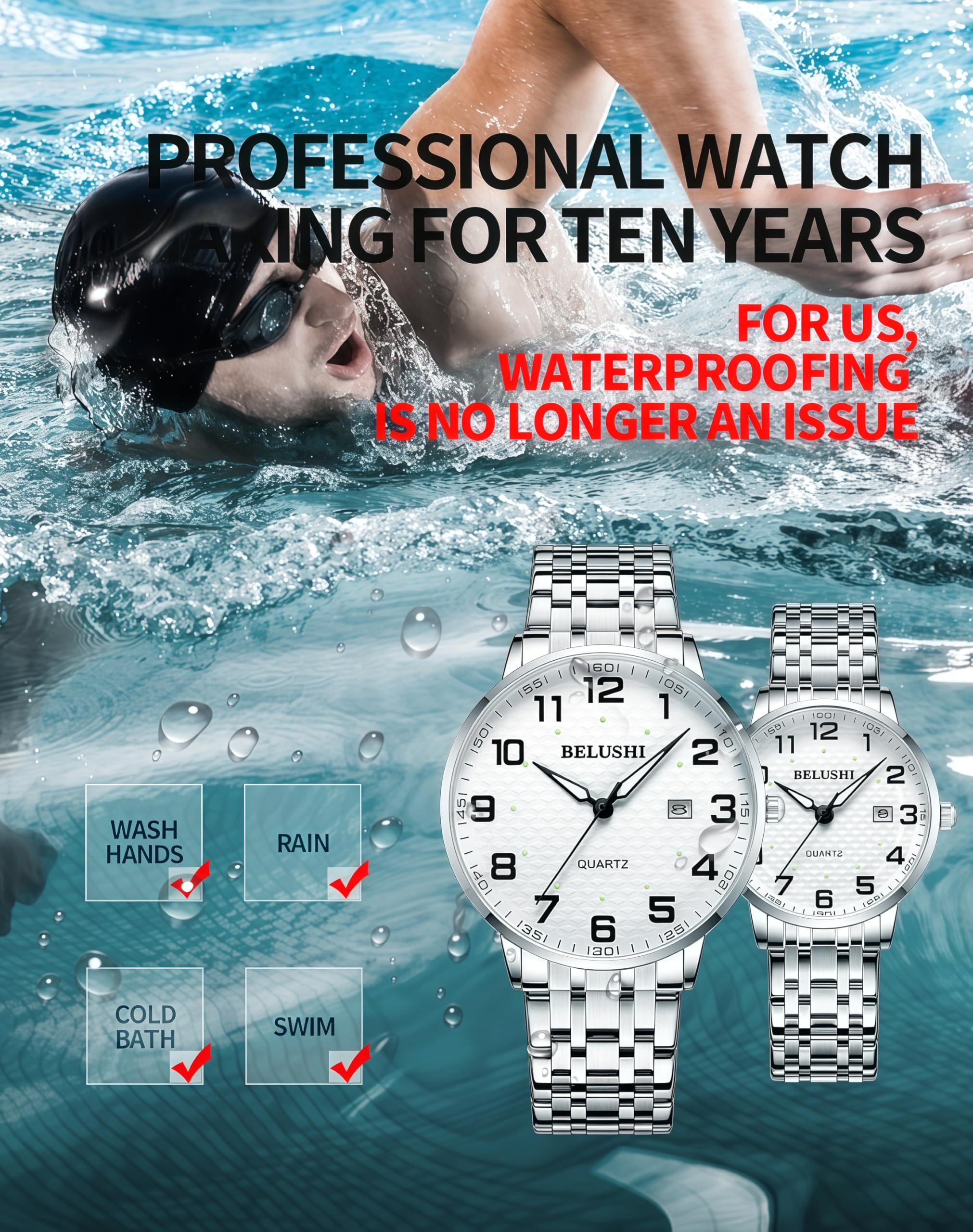 Gosasa Montre à quartz facile à lire pour personnes âgées, grands chiffres, calendrier, résistance à l'eau de 30 m, lumineuse, montre bracelet en acier inoxydable pour homme et femme