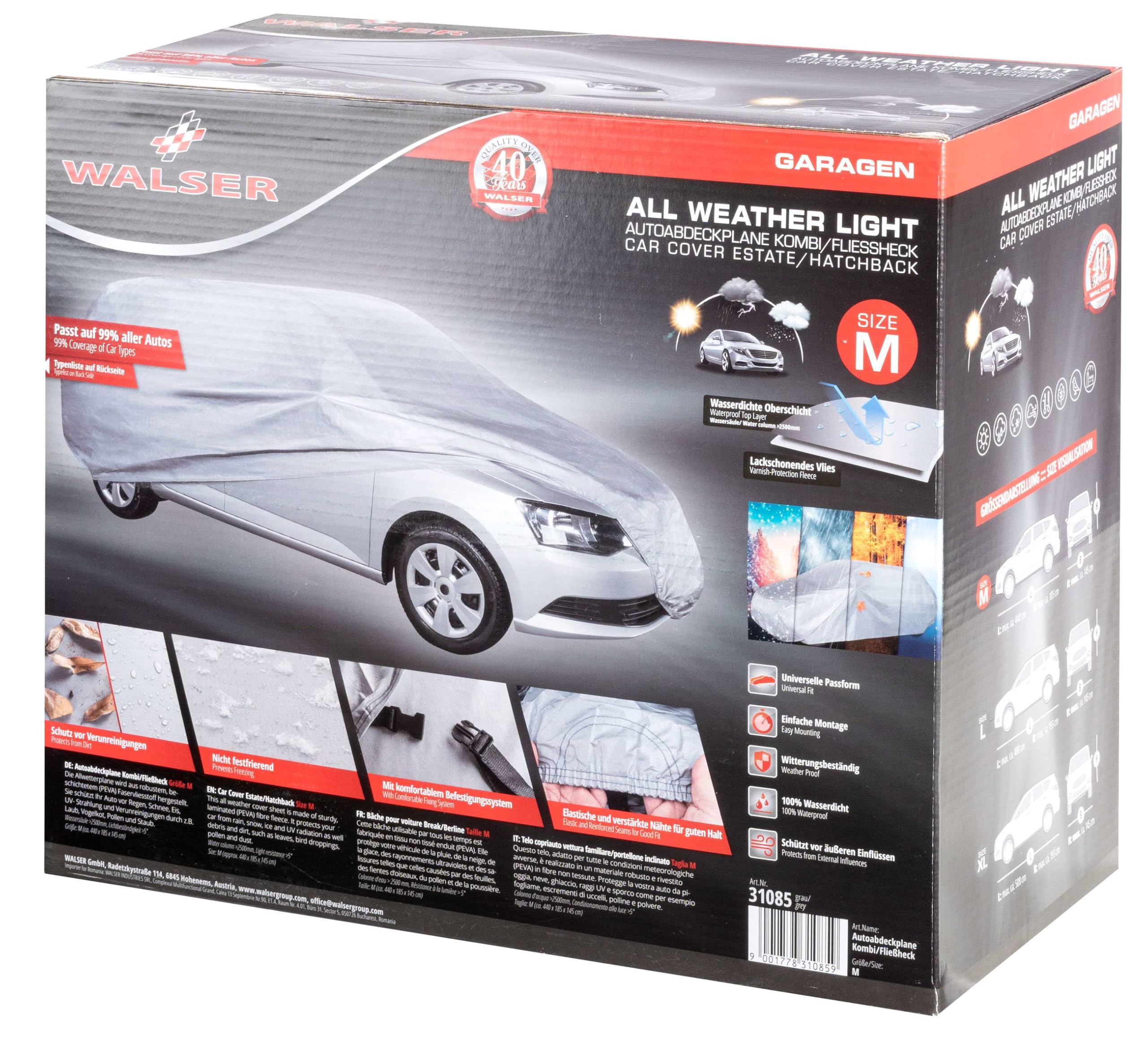 WALSER Funda de Coche All Weather Light Full Garage Combi Talla M Gris Claro, a Prueba de Polvo con protección UV, fijación de Correa Reforzada