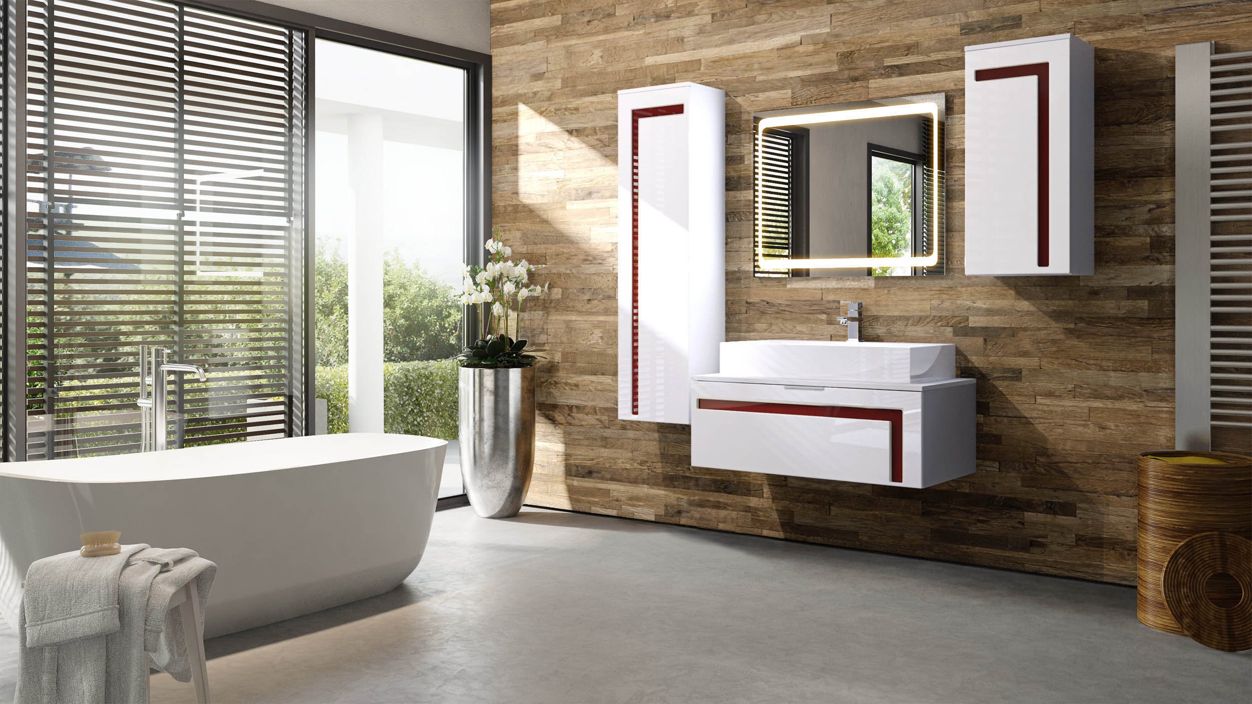 Set Mobile Bagno Vladon Aloha V2 - 189x193x51 Cm, Bianco Opaco/Lucido Con Inserti Bordeaux, Made In Germany