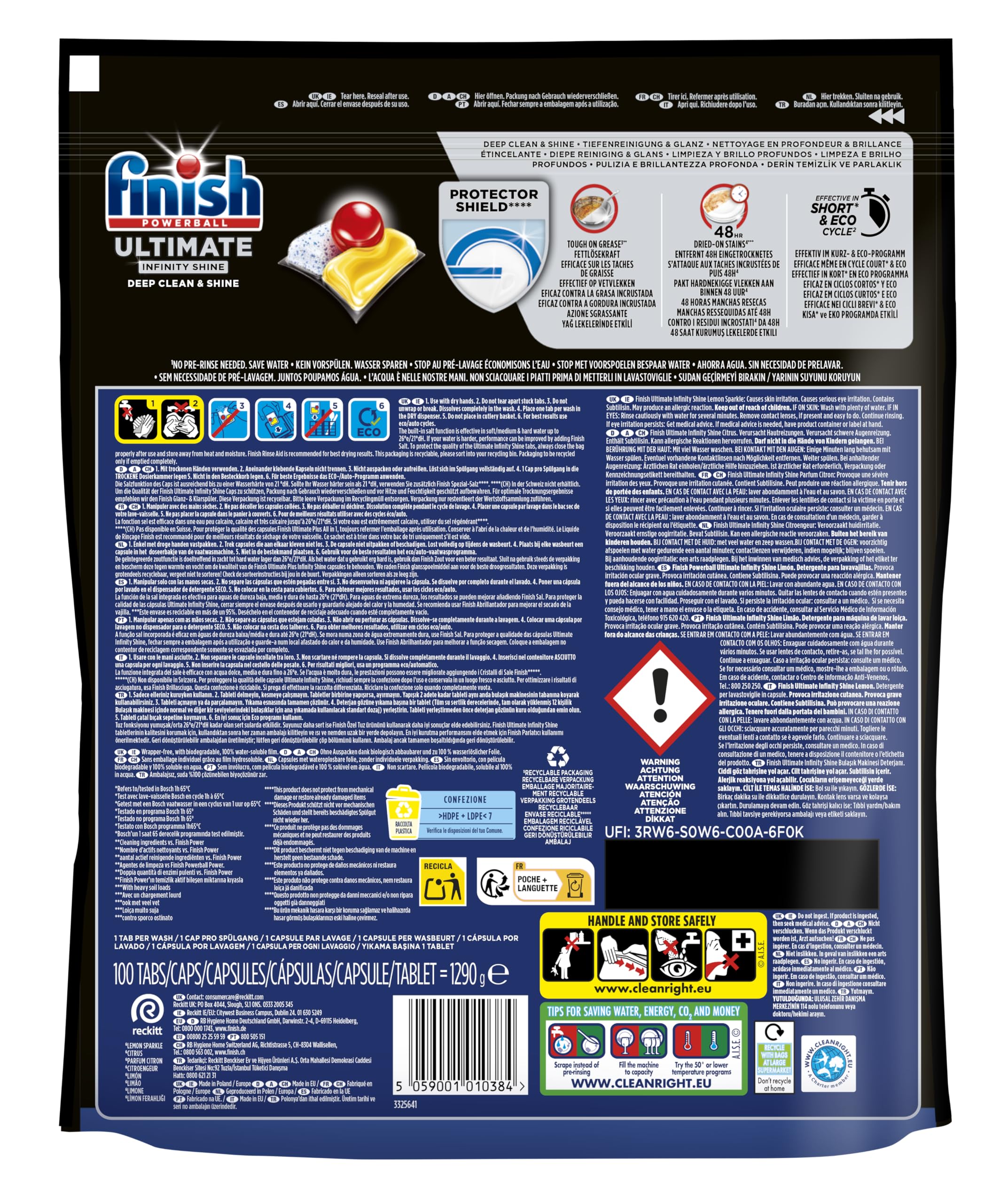 Finish Ultimate Infinity Shine Pastiglie Lavastoviglie, 100 Capsule Lavastoviglie al Limone, Pastiglie per Lavastoviglie contro lo Sporco e i Residui Incrostati