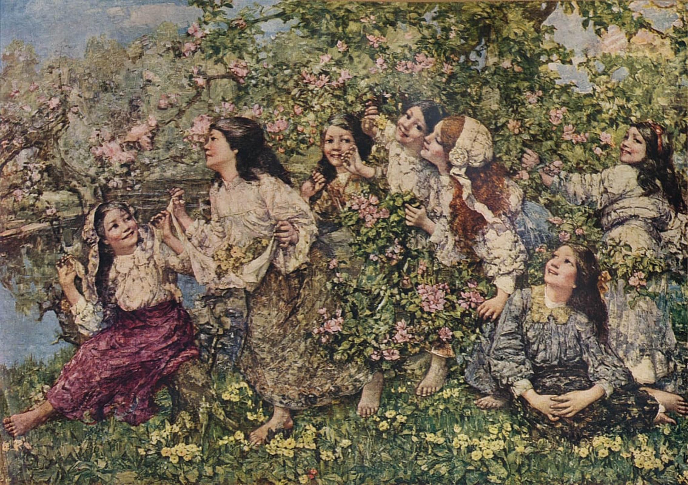 ARTXLXXBN Famous Painting Canvas Artwork Graffiti Print a Spring Roundelay by Edward Atkinson Hornel Portrait Canvas Image for Home Decor 60x90cm