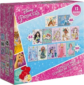 Spin Master Games, Disney Princess 12-Puzzle Bundle - Moana, Ariel, Mulan, Cinderella & More, with 48-Piece, 63-Piece, 100-Piece Disney Puzzles for Kids, for Ages 4 & Up