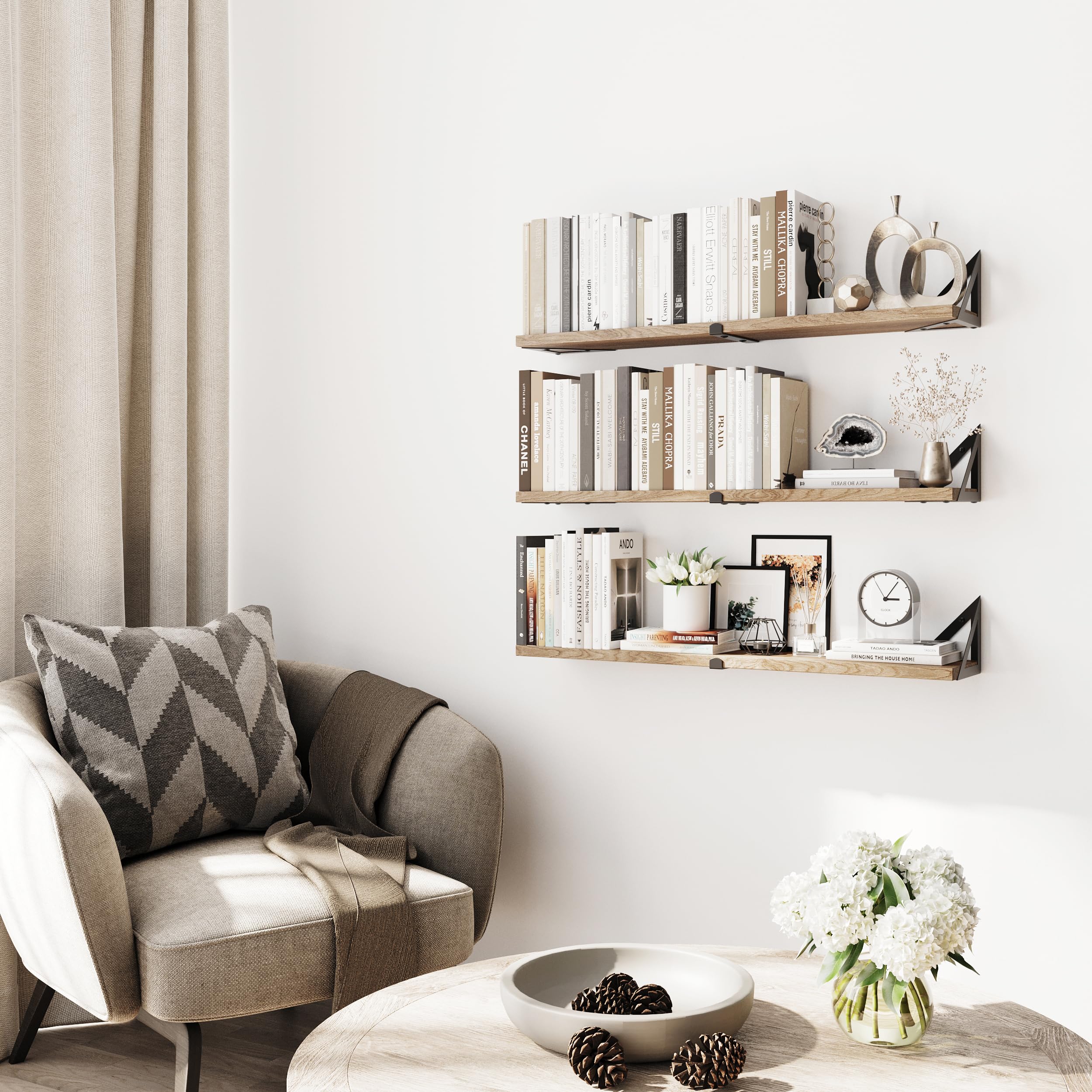 CASSA NOKO Étagères murales suspendues pour Le Mur, Lot de 3, étagère bibliothèque pour Chambre à Coucher, Salon, Bureau, Salle de Bain, Cuisine, Bois Rustique avec Support métallique (Naturel Grand)