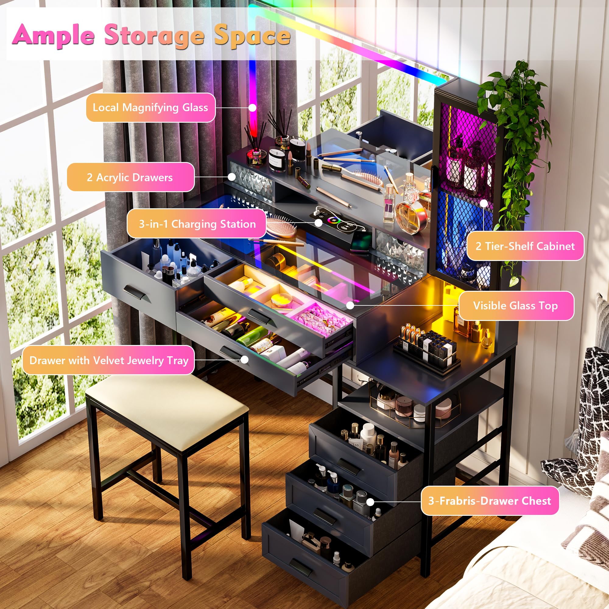 Lvifur Schminktisch Mit Spiegel und Led Beleuchtung für Schlafzimmer,RGB 24 Licht Schminktische mit 6 Schublade und Kabellosem Laden für Wohnzimmer