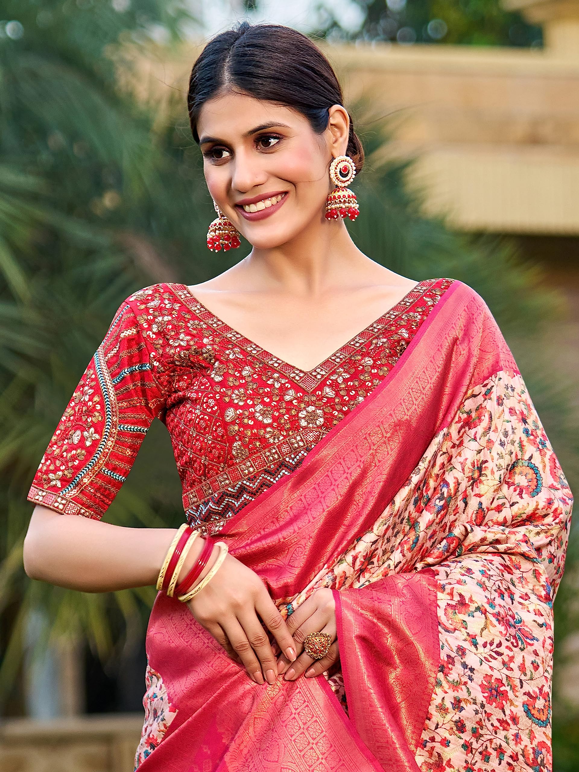 Pujia Mills Mills Women's Fancy Readymade Heavy Coding Embroidary Worked Half Sleeve Multicolor Saree Blouse(Mushroom) (Red, 38)