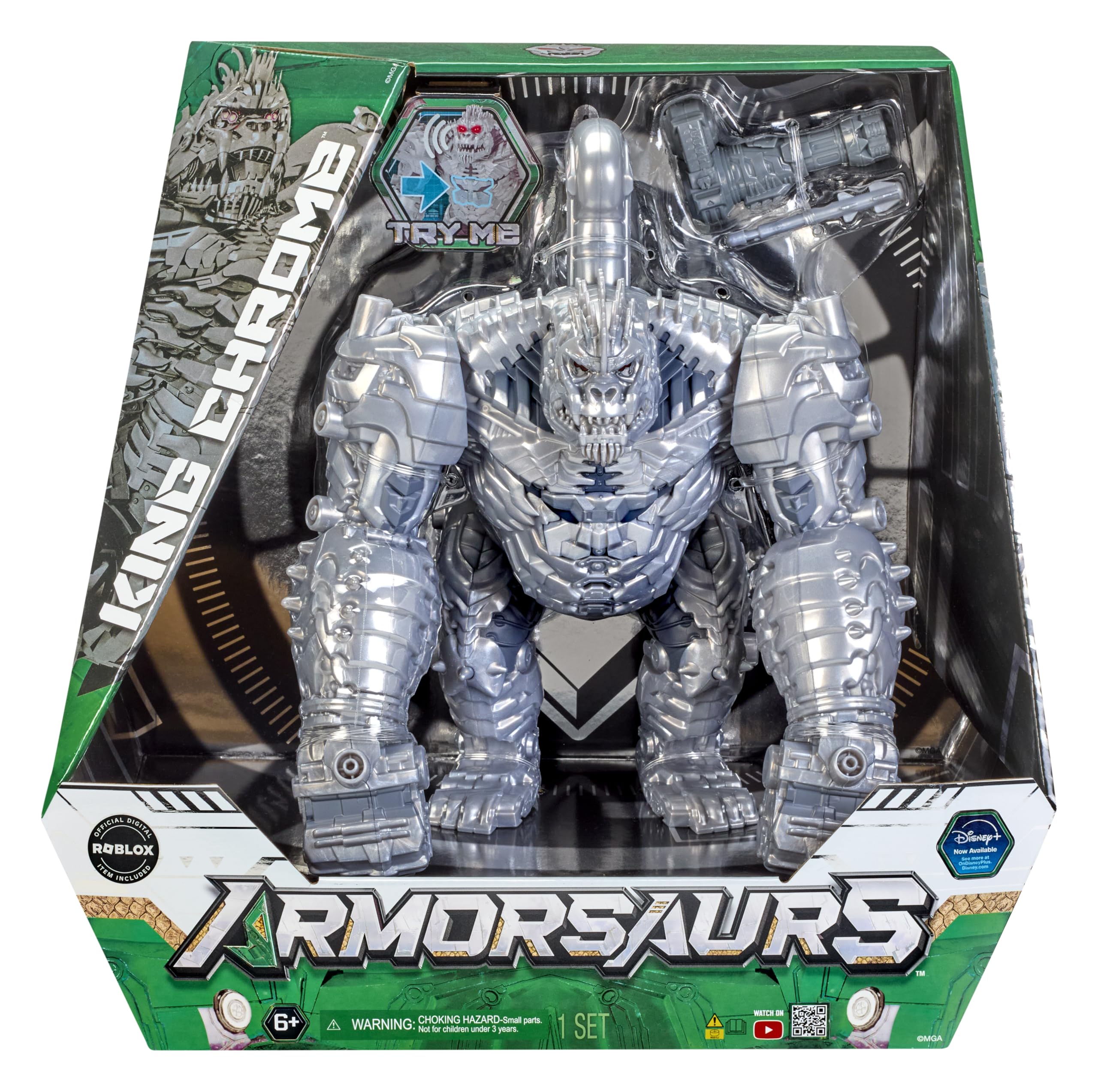 King Chrome Feature Villain Figure - Figura de acción de 30,5 cm del Villano King Chrome de Armorsaurs con Luces, Sonidos, función de puñetazo y Accesorios de Lanzamiento, para +6 años