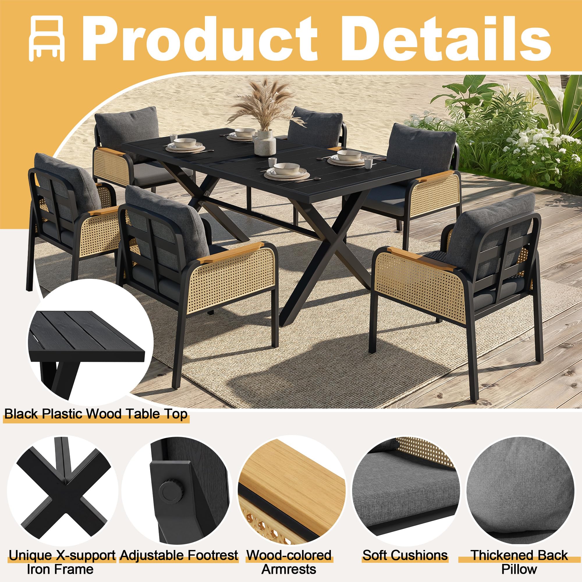 Conjunto de Jardin Exterior para 6 Personas, 7 Piezas, Set Muebles Jardin con 6 Sillones de Ratán y Mesa, Sillas con Cojines, Juego de Muebles de Jardín para Terraza Patio (Negro + Natural)