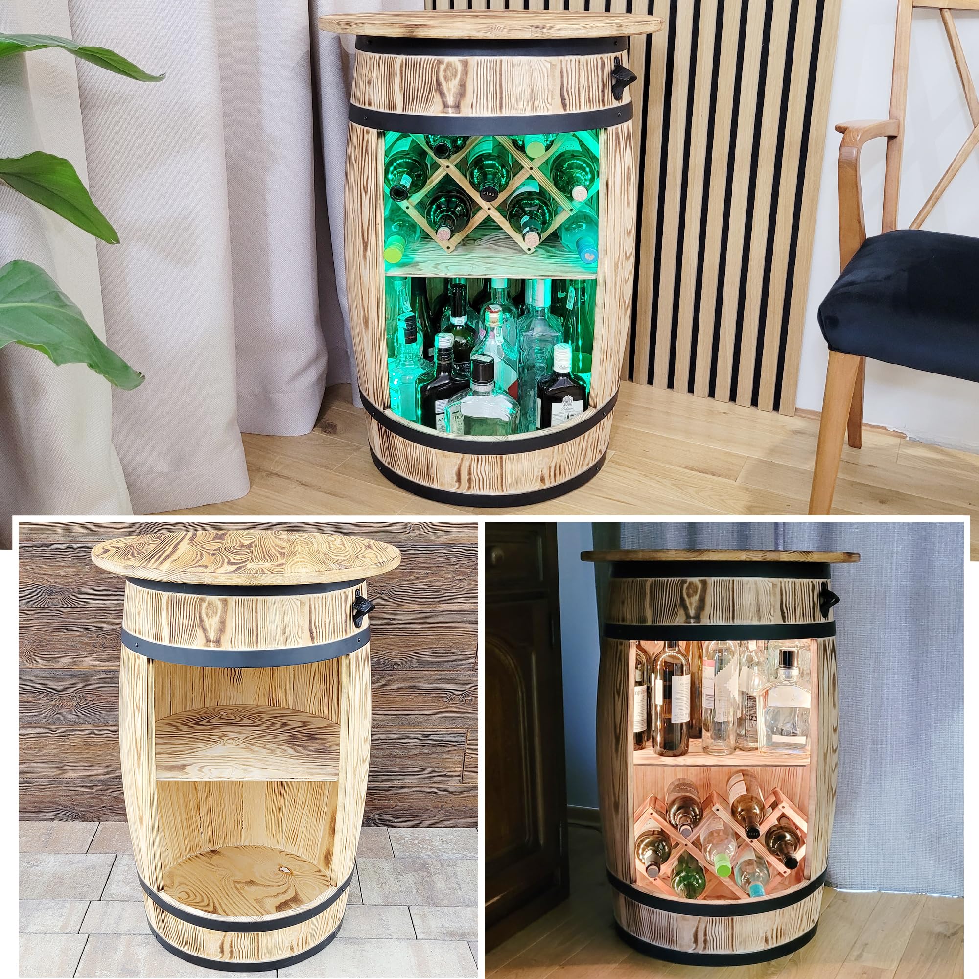 weeco Fass Bar mit Deckel und LED RGB Leuchten und Weinhalter - Flaschenständer deko - Hausbar Tabelle Gin Whisky Bier - Barschrank - Holzfass Tisch - Weinfass Stehtisch 80x50cm