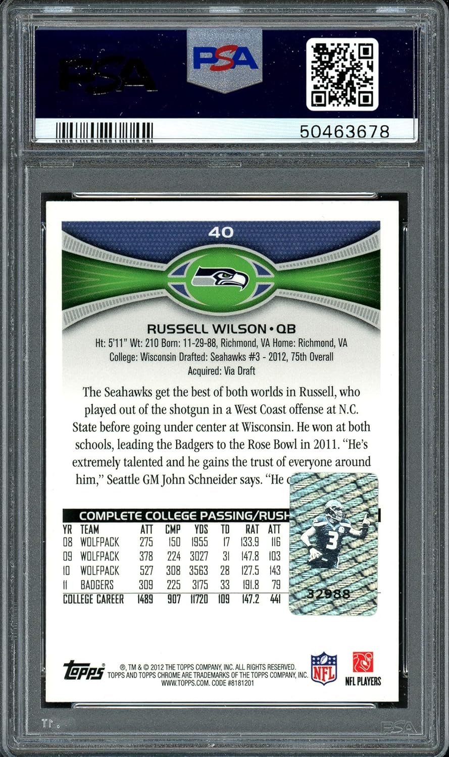 Russell Wilson Autographed 2012 Topps Chrome Rookie Card #40 Seahawks Auto Grade 9 Card Grade NM-MT 8 PSA/DNA #50463678