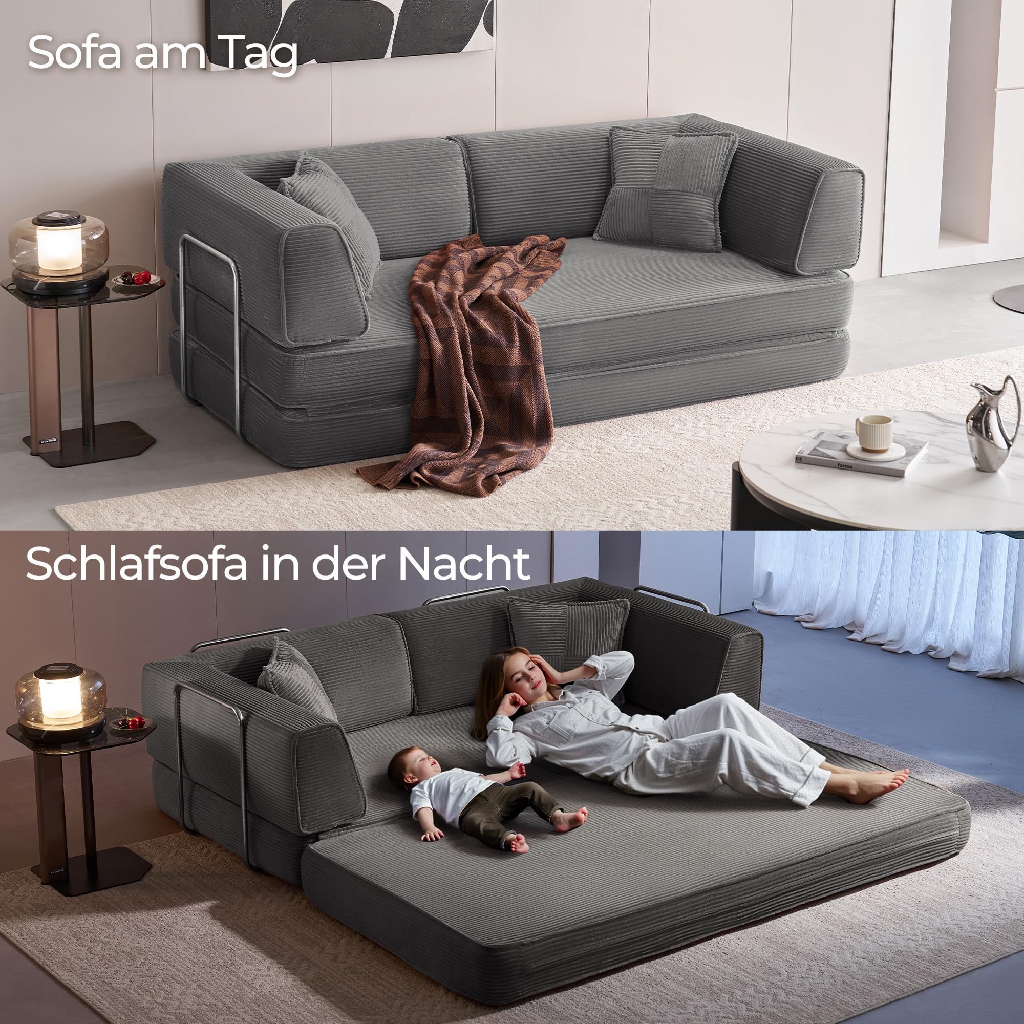 LINSY HOME Schlafsofa - Bodensofa Bed mit Pillow Back Support Armrest - Schlafsofa Klappbar 200 cm Breit- Compressed Sofa in Box - Cord Stoff für Wohnzimmer Schlafzimmer - Grau