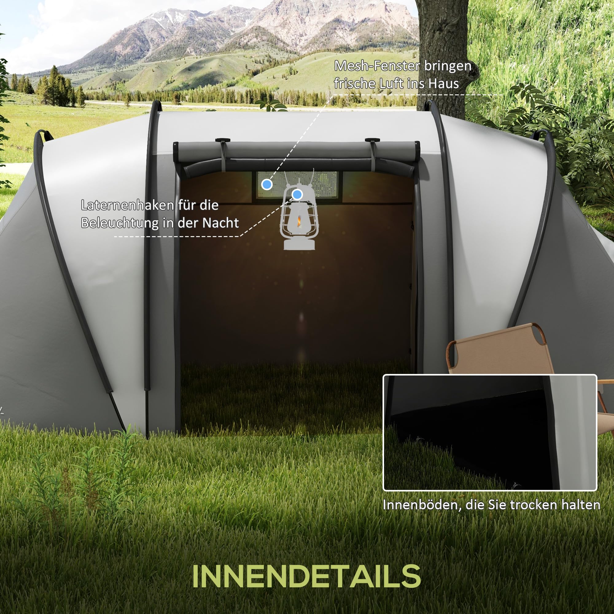 Outsunny Campingzelt für 4-5 Personen leicht wasserabweisend Familienzelt mit 2 Zimmer Seitentür Fenster, Zelt mit 3000mm Wassersäule Tunnelzelt Kuppelzelt für Camping Reise Garten