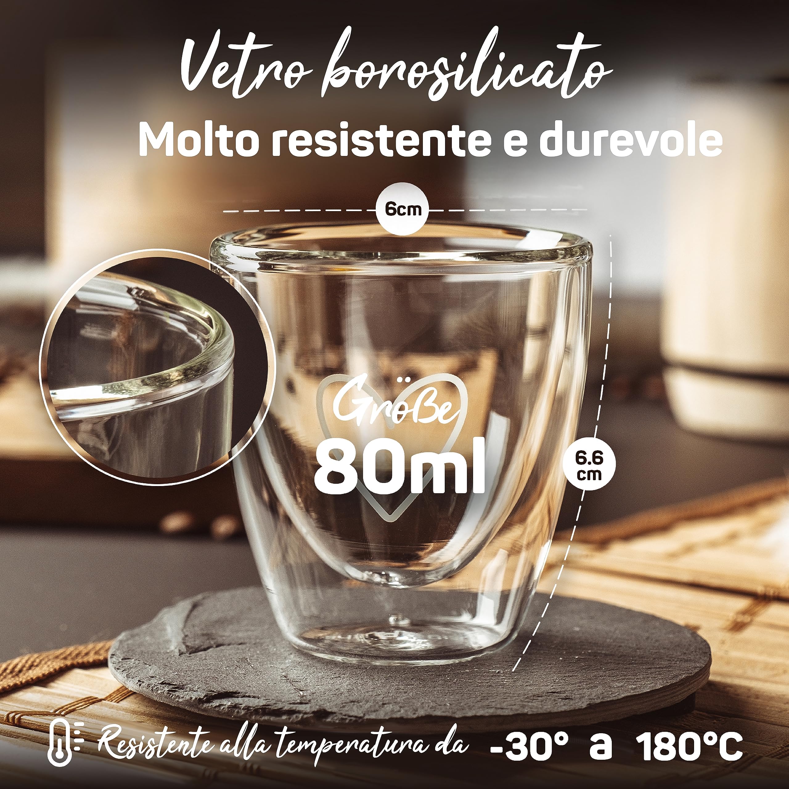 ElbFuchs® Set di tazzine caffe espresso [4x 80 ml] vetro, particolari | trasparenti | doppia parete | Idee regalo donna compleanno, mamma