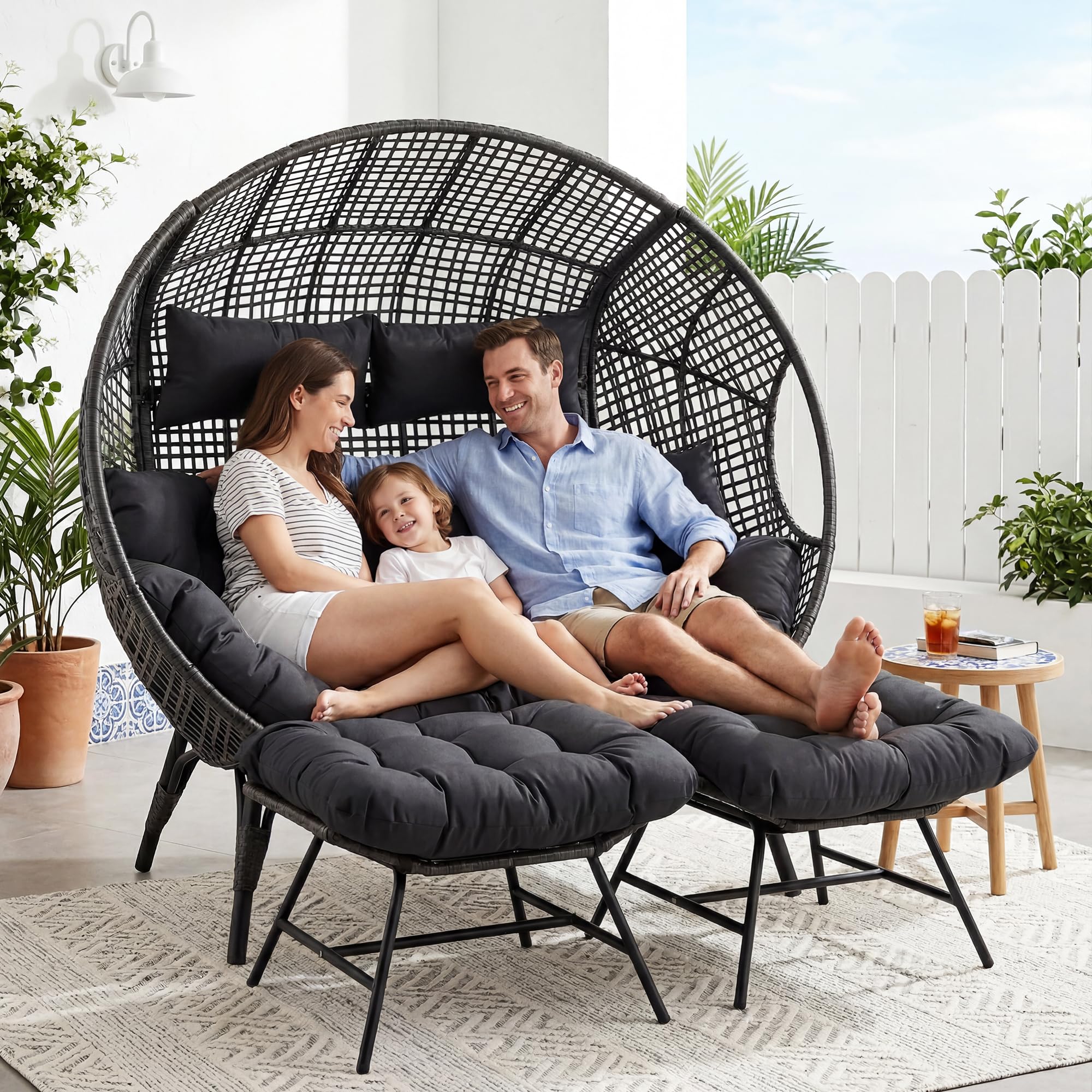 NICESOUL Stationary Egg Chair Indoor Outdoor Wicker Oversized Thick Cushions Egg Shaped Loveseat Chair, Egg Basket Lounge Chair with Ottoman Footrest for Patio Balcony Porch Bedroom Gray