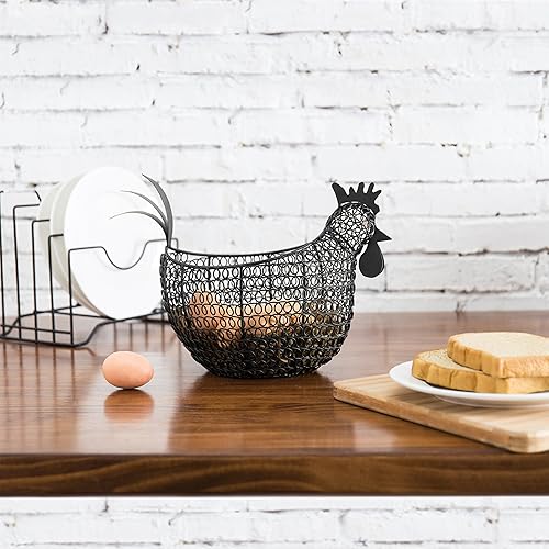 Miniatura 8 de MyGift Soporte para huevos, cesta de recolección de huevos de alambre en forma de pollo, cesta de recolección de almacenamiento de exhibición de