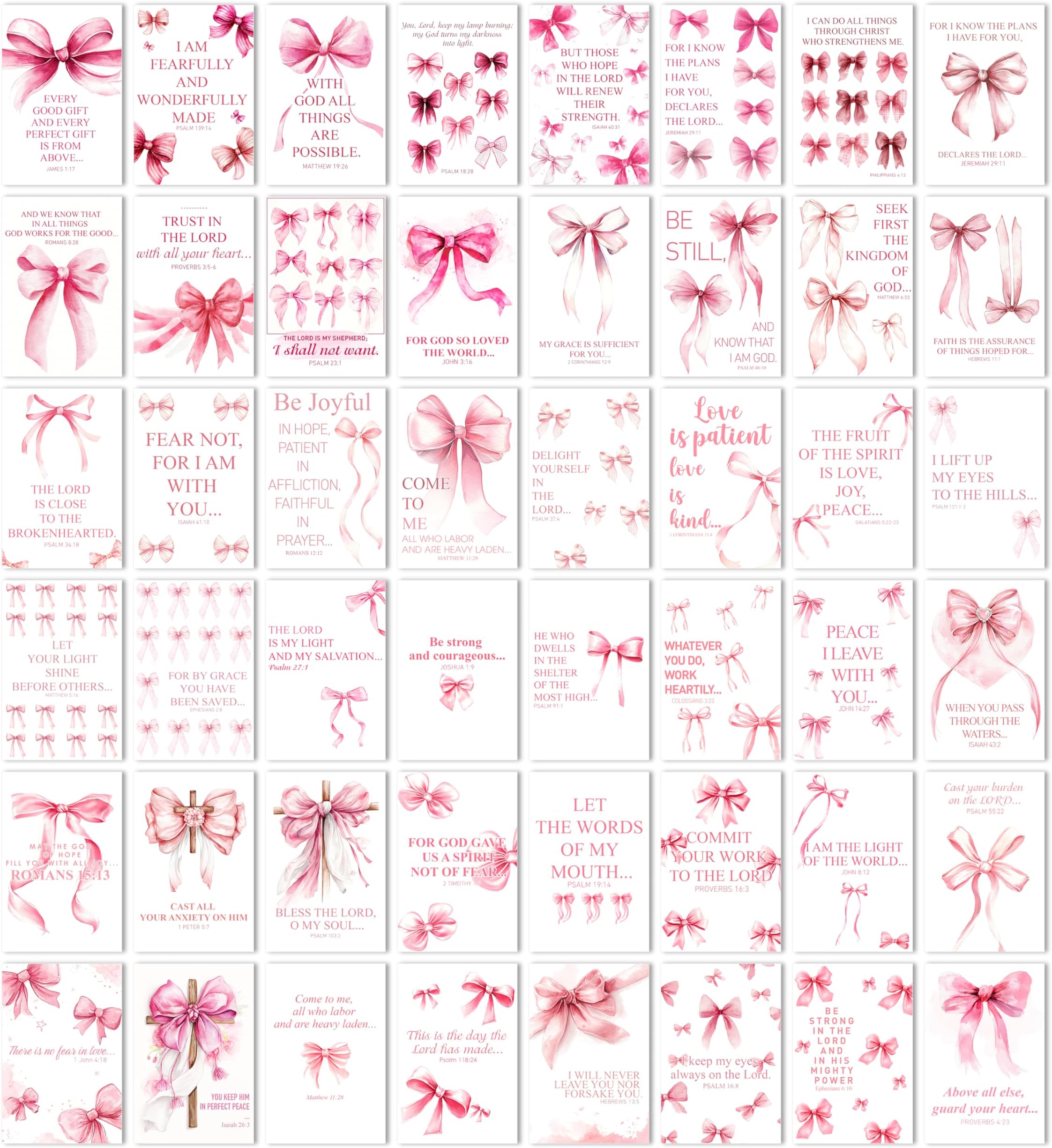 HK Studio Pink Bow Decor - Bible Verses Wall Decor, Posters for Room Decor Aesthetic, Unframed 48 Pcs 4" x 6"