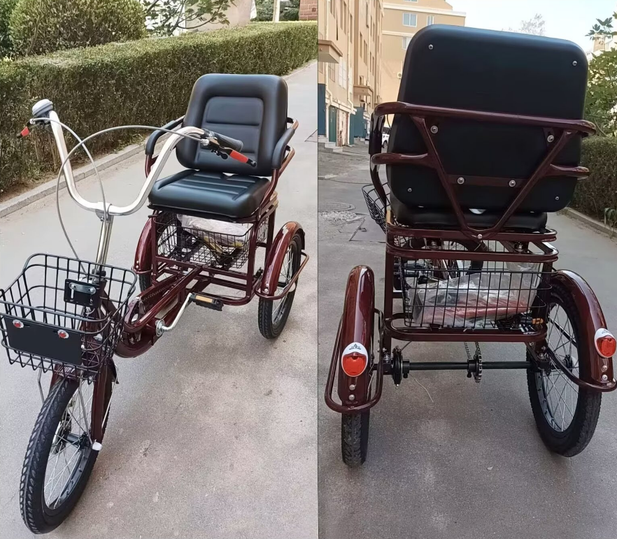 Triciclo para adultos y ancianos de 16 pulgadas, triciclo con pedales, asiento esponjoso con reposabrazos, triciclo cruiser de 3 ruedas, ruedas neumáticas con radios, color vino rojo miniatura 7