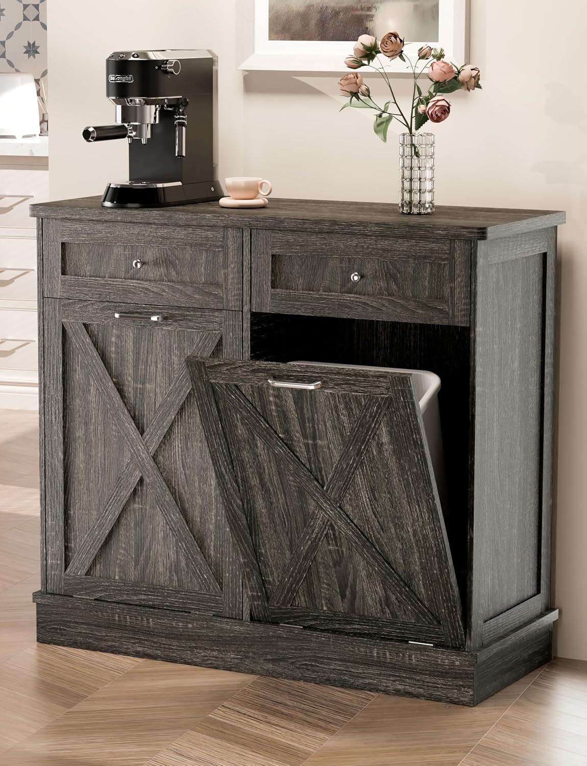 TOLEAD Tilt Out Trash Cabinet,Antique-Style Barn Door Kitchen Island with Solid Wood Tabletop & Drawer, Pet Proof Trash Can, Wood Laundry Cabinet（White）