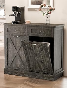 Double Tilt Out Trash Can Cabinet 2 x 10 Gallon Wooden Hidden Trash Cabinet with Barn Door & Solid Wood Top, Farmhouse Kitchen Garbage Bin Enclosure, Pet Proof Odor Blocking for Kitchen, Grey