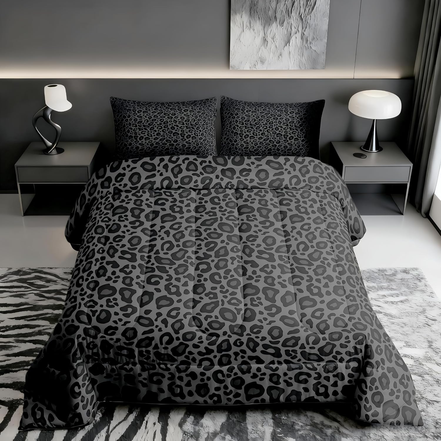 Castle Fairy Toddler Size Leopard Print Comforter Set with 1 Pillowcase - Black Grey Cheetah Fur Skin Pattern Bedding Set for Kids Baby Teen Bedroom,Wild Animal Design 2 Pcs All Season Duvet Insert