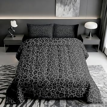 Castle Fairy Leopard Print Comforter Set Queen Size Cheetah Print Super Soft Bedding Set for Women Bedroom Decor,African Wildlife Animal Skin Comforter-3 Pieces,Retro Noble Duvet Insert,Black Grey
