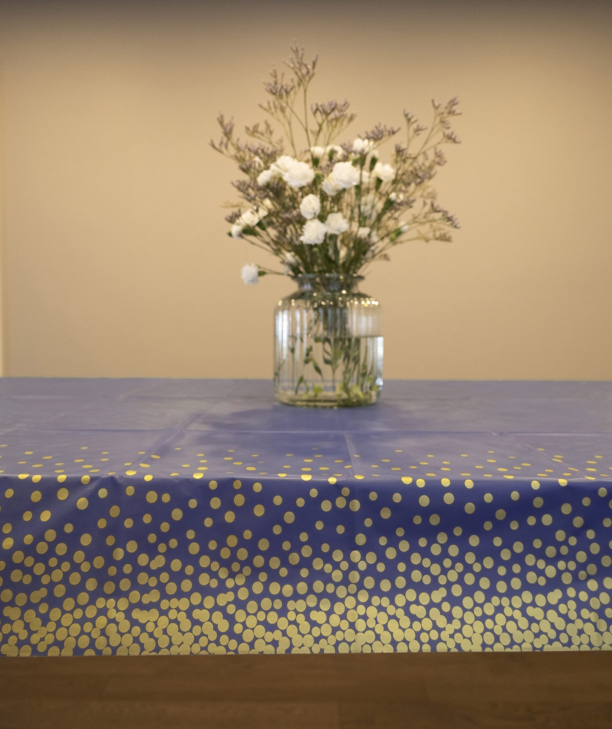 Neatiffy Einweg-Tischdecke aus Kunststoff, für Party/Bankett, Tischdecken für rechteckige/runde/quadratische Tische, entspricht 12 Picknick-Packungen (Blau-Gold-Punkte)