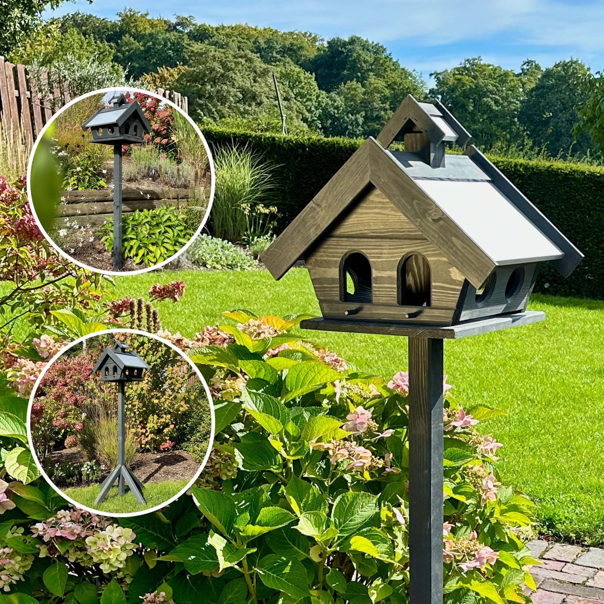 GARTENETAGE Vogelhaus Holz mit Metalldach und 2in1 Ständer/Vogelhaus wetterfest und stabil/Vogelfutterhaus mit Ständer/Robustes Vogelhäuschen für Balkon und Garten