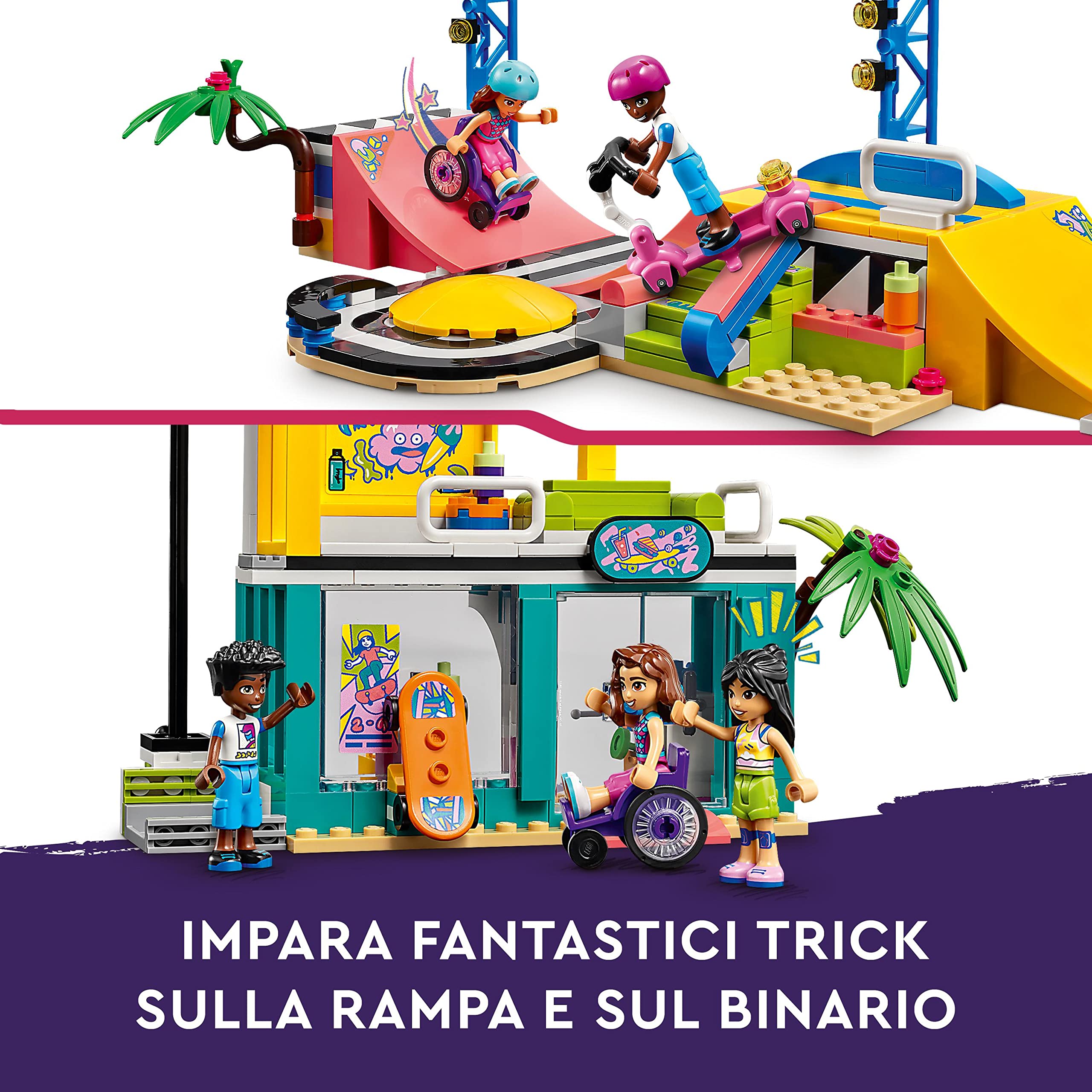 LEGO Friends Skate Park, Set con Rampa da Skateboard, Giochi per Bambine e Bambini dai 6 Anni con Personaggi 2023, Monopattino e Sedia a Rotelle 41751