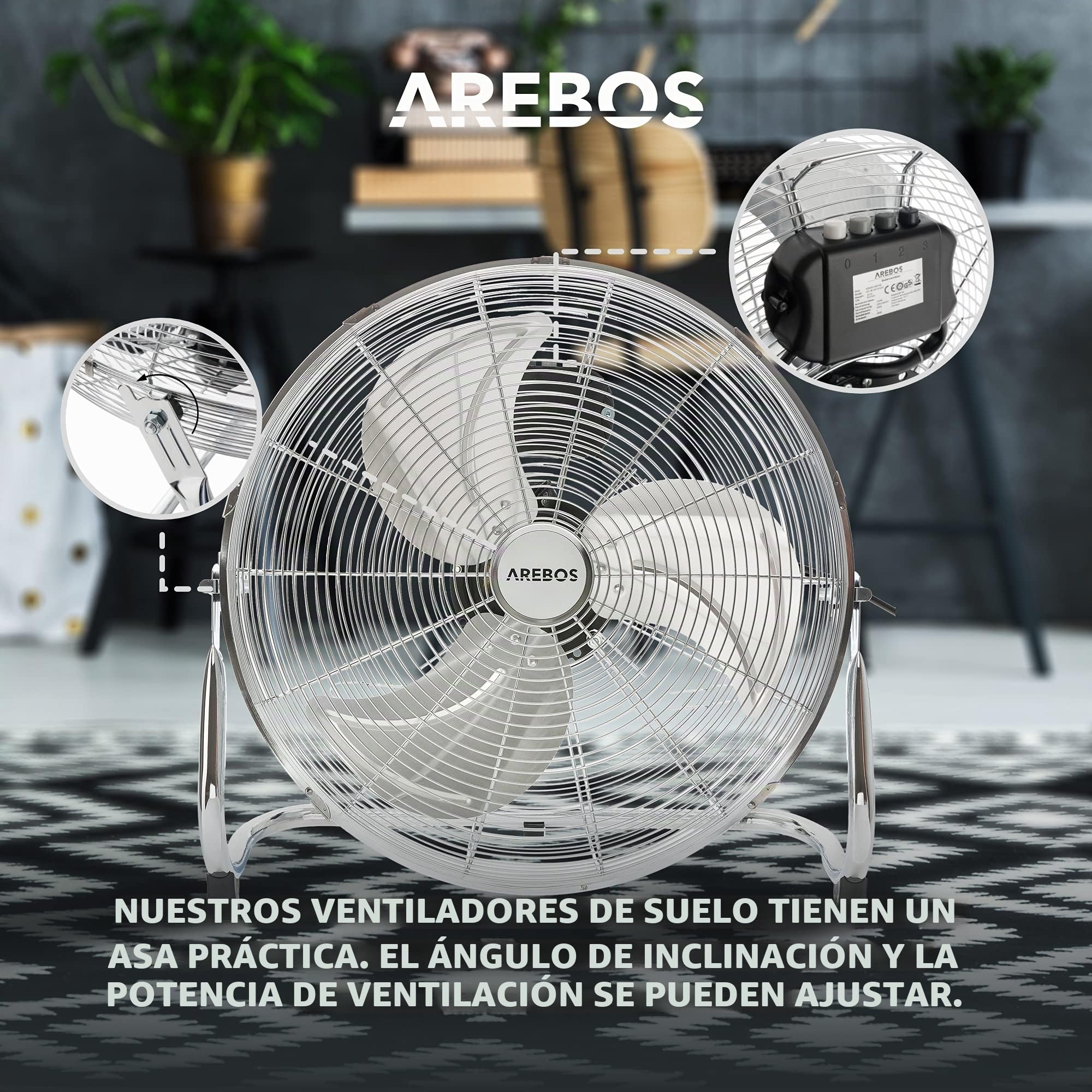 Arebos Ventilador Industrial 45cm - Ventilador Suelo Silencioso 120W - 3 Niveles de Velocidad - Ângulo de Inclinación Ajustable - Plata